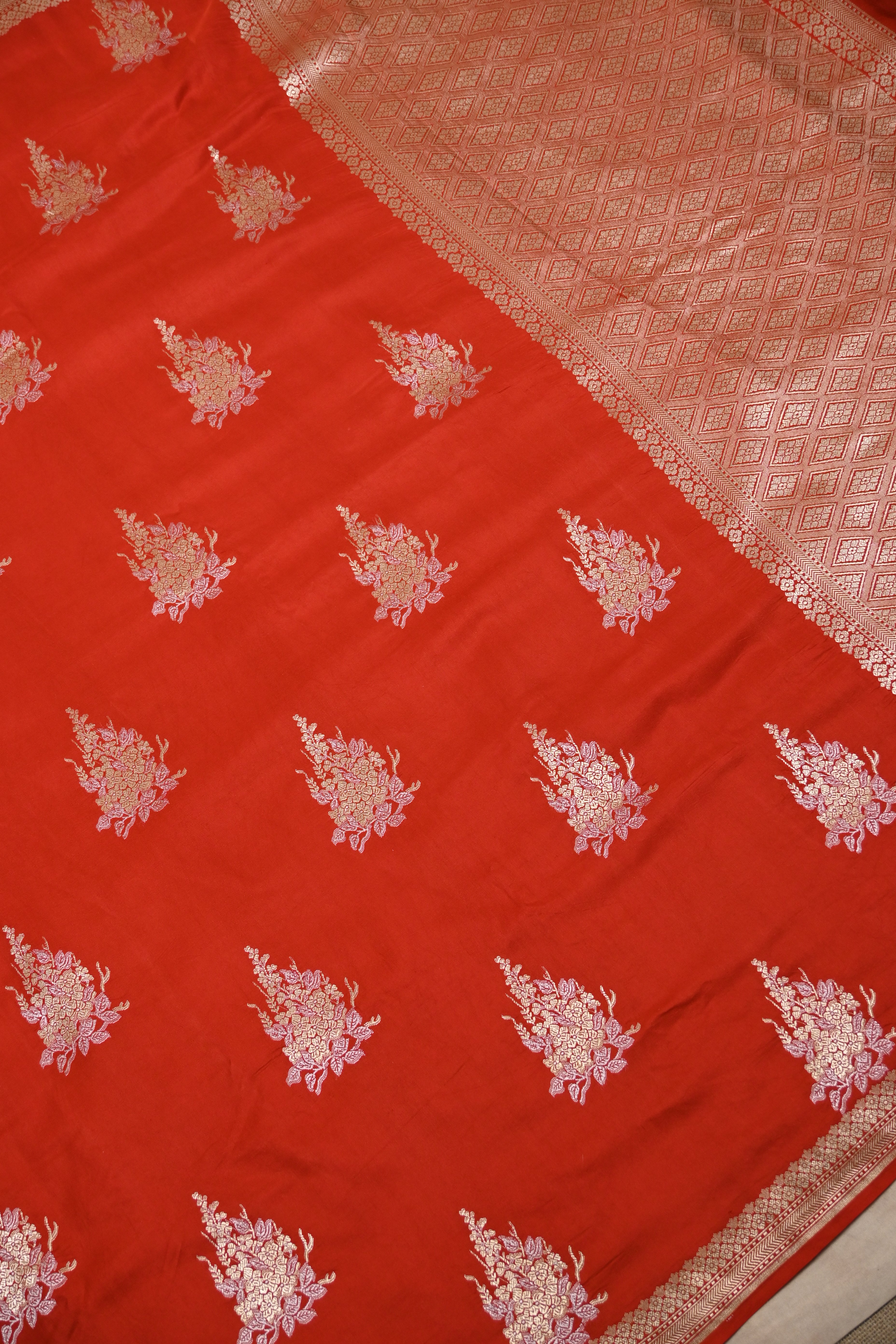 Red Pure Banarasi Satin Mashru Silk Saree