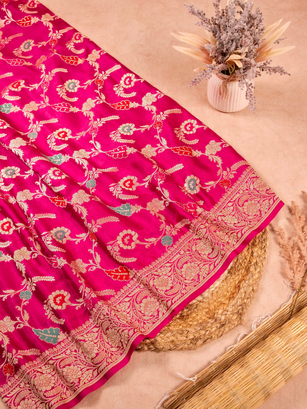 Handwoven Pink Banarasi Khaddi Silk Saree