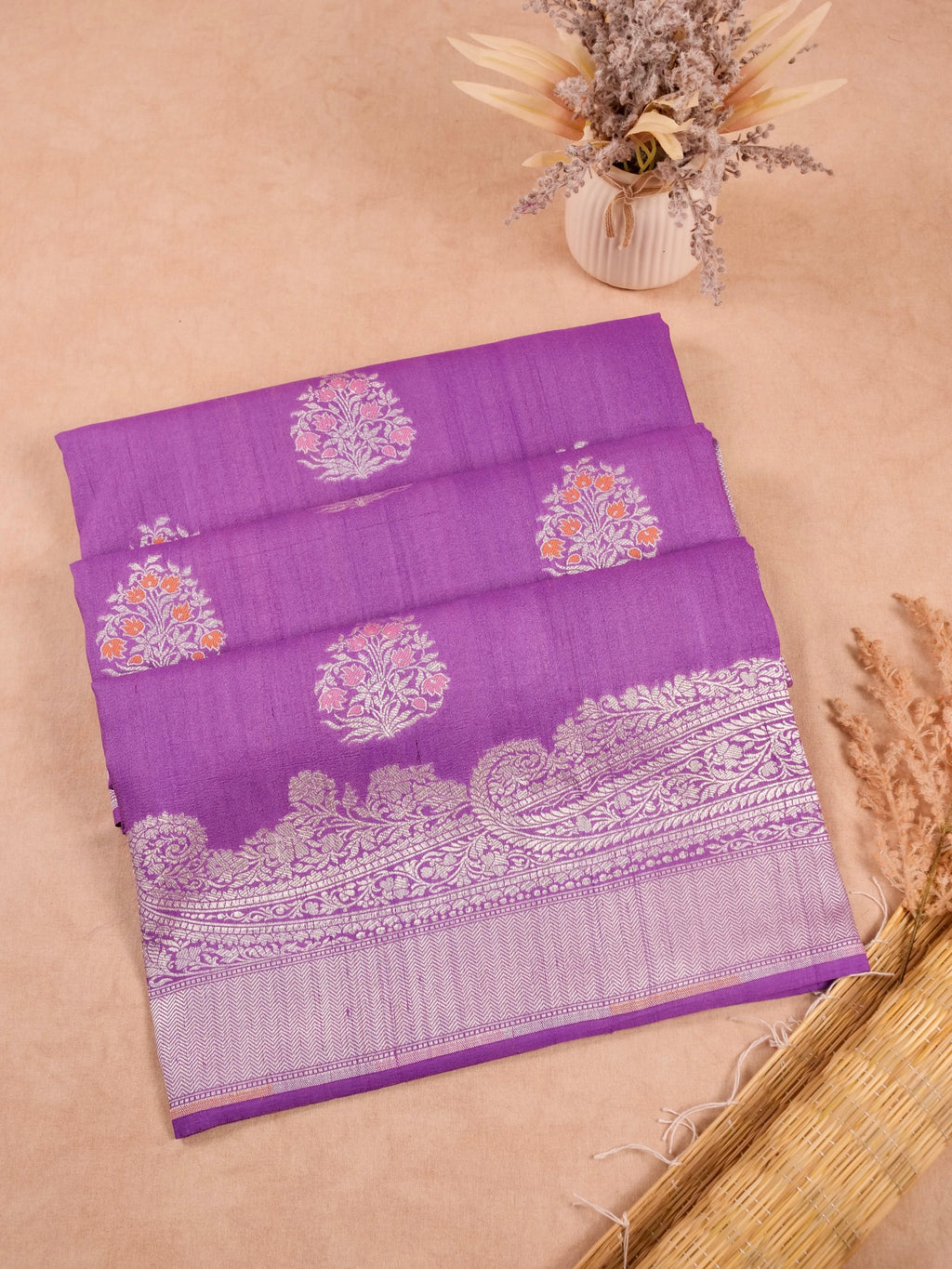 Handwoven Purple Banarasi Desi Tussar Silk Saree