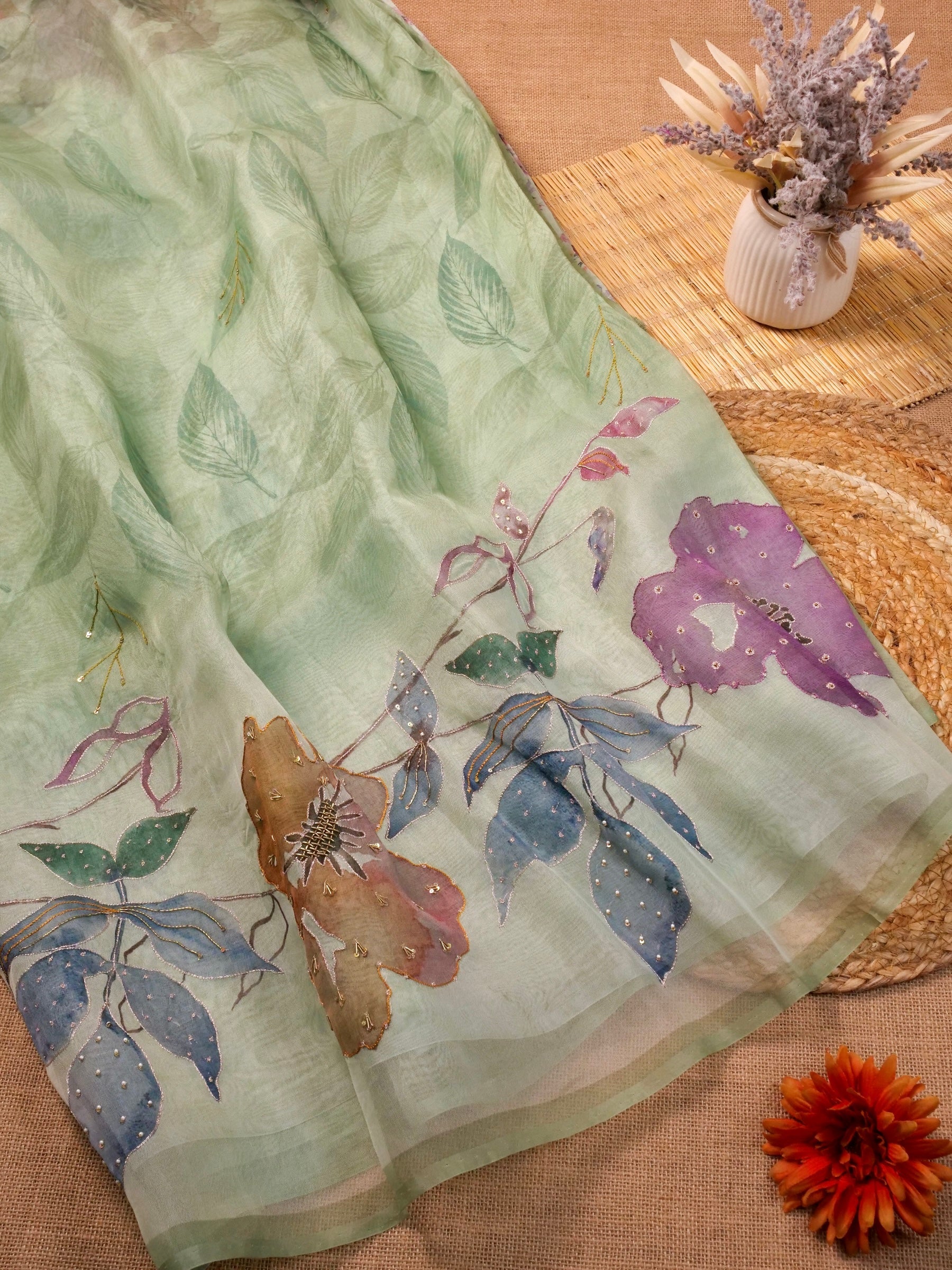 Handwoven Pastel Green Banarasi Organza Silk Saree