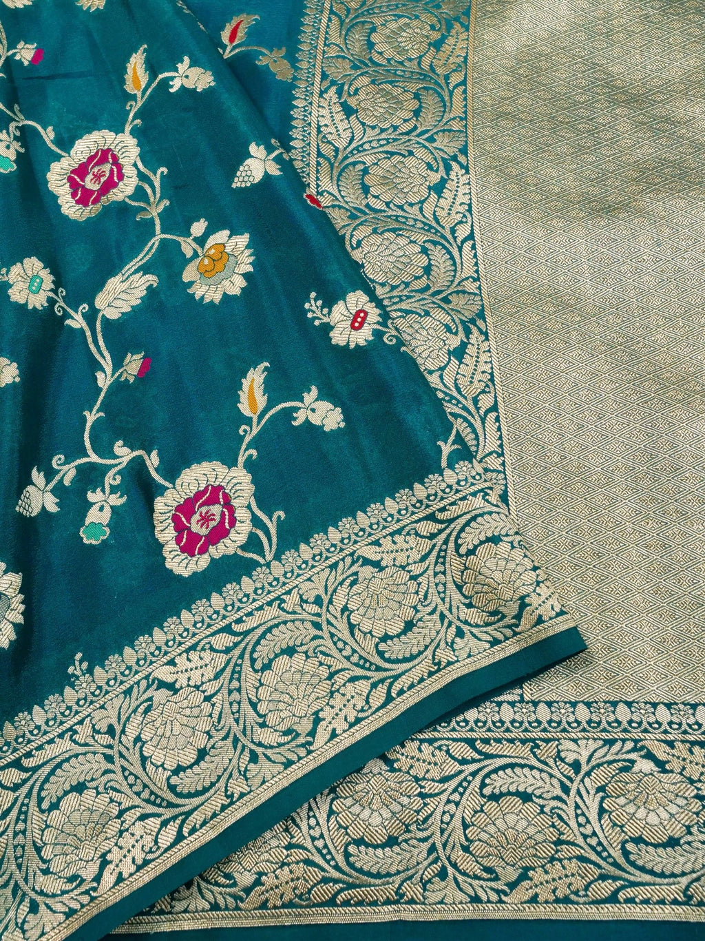 Handwoven Turquoise Blue Banarasi Khaddi Silk Saree