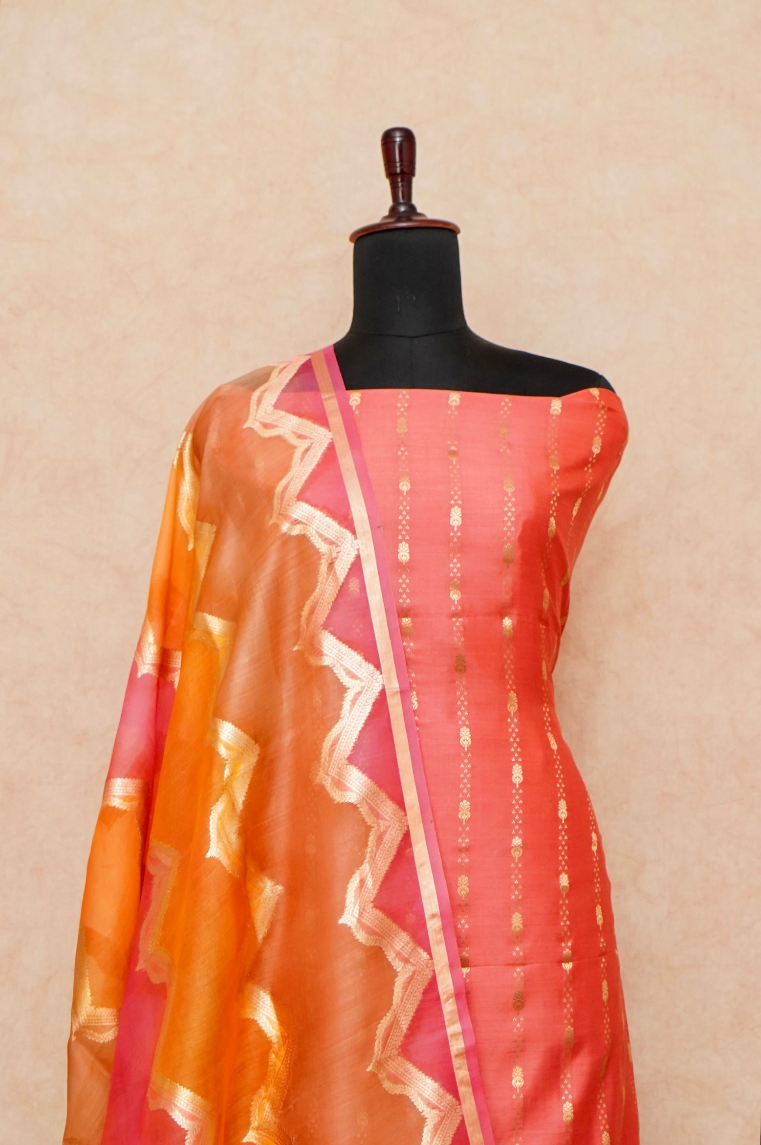 Handwoven Reddish Orange Banarasi Monga Silk Suit