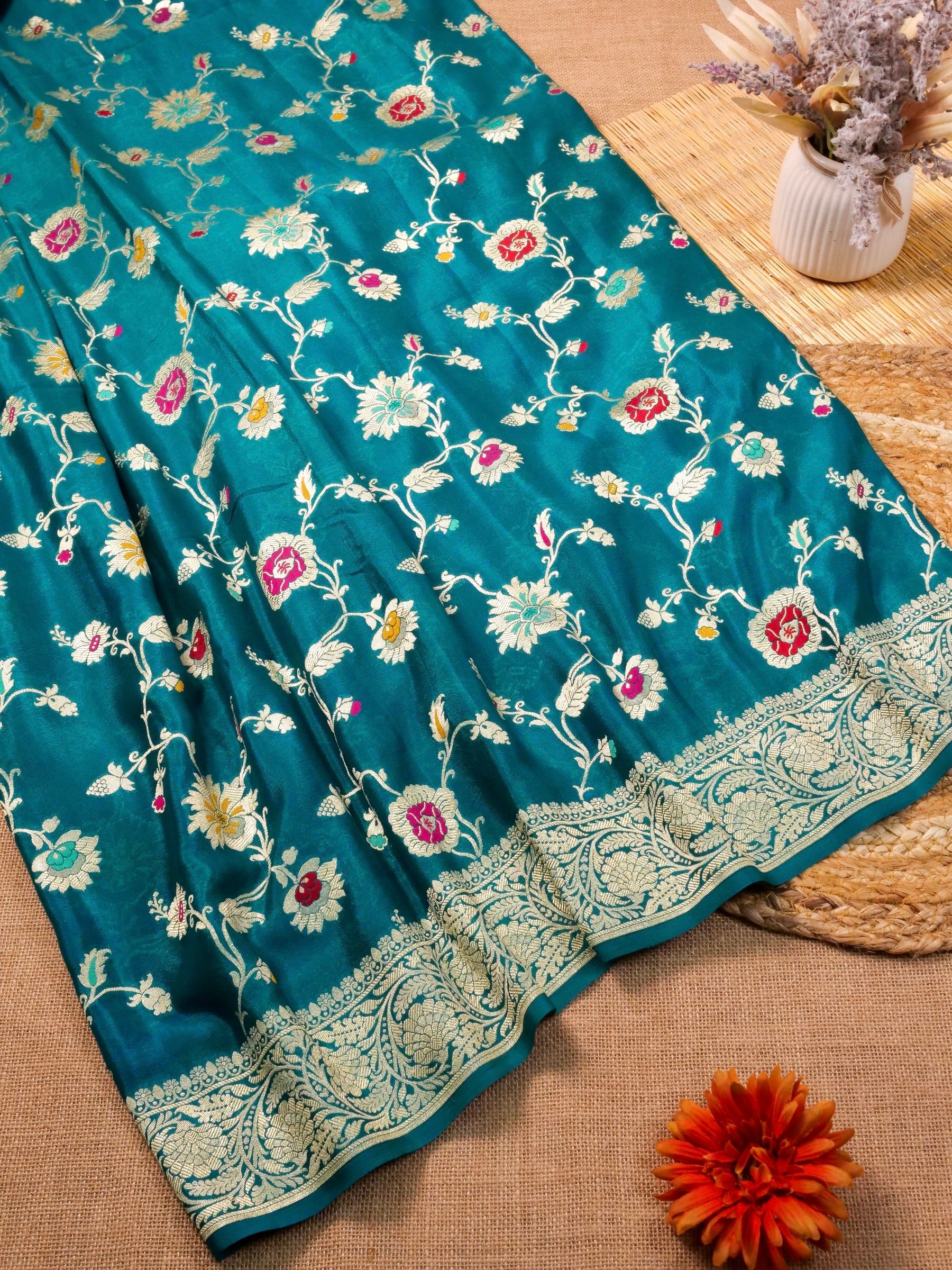 Handwoven Turquoise Blue Banarasi Khaddi Silk Saree