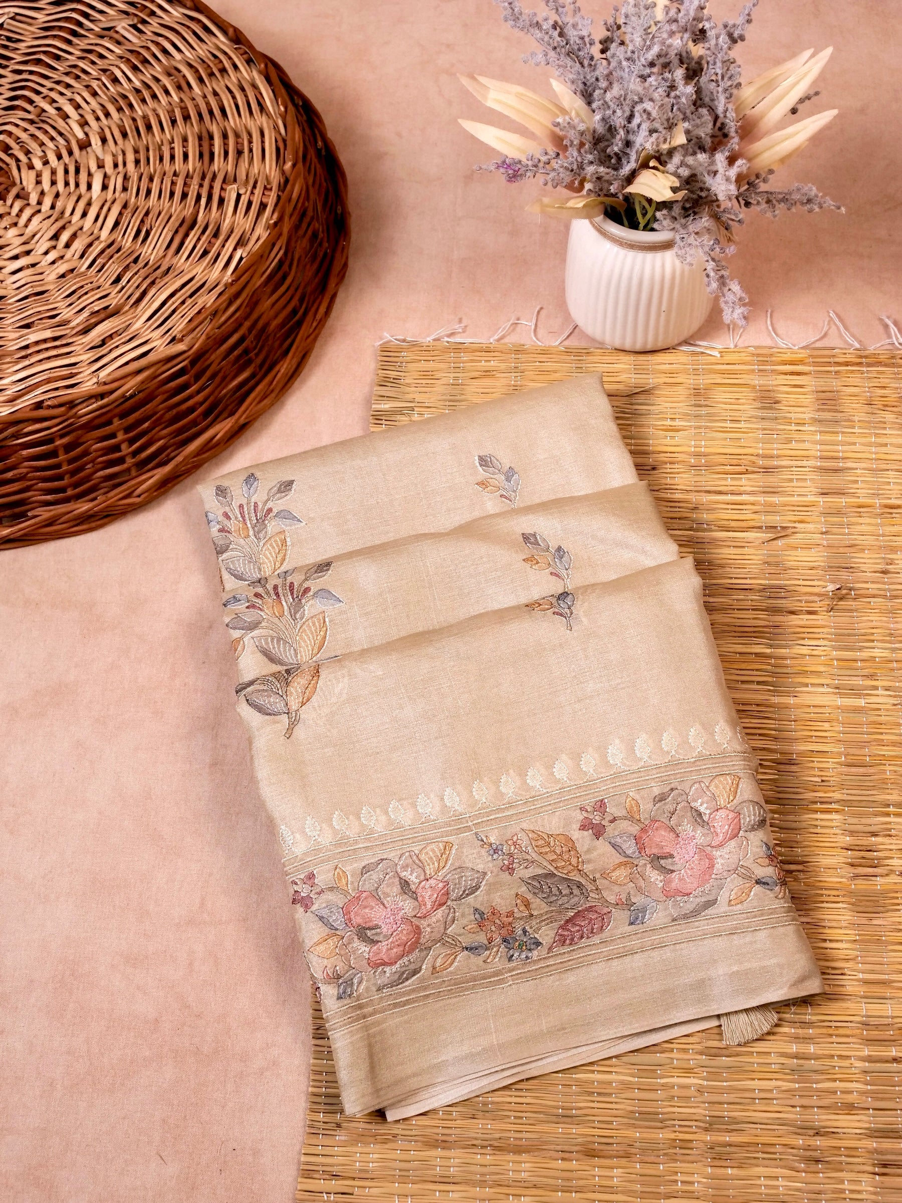 Handwoven Cream Banarasi Tussar Silk Saree