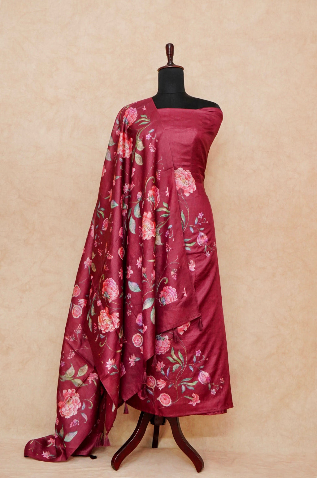 Handwoven Maroon Banarasi Tussar Silk Suit