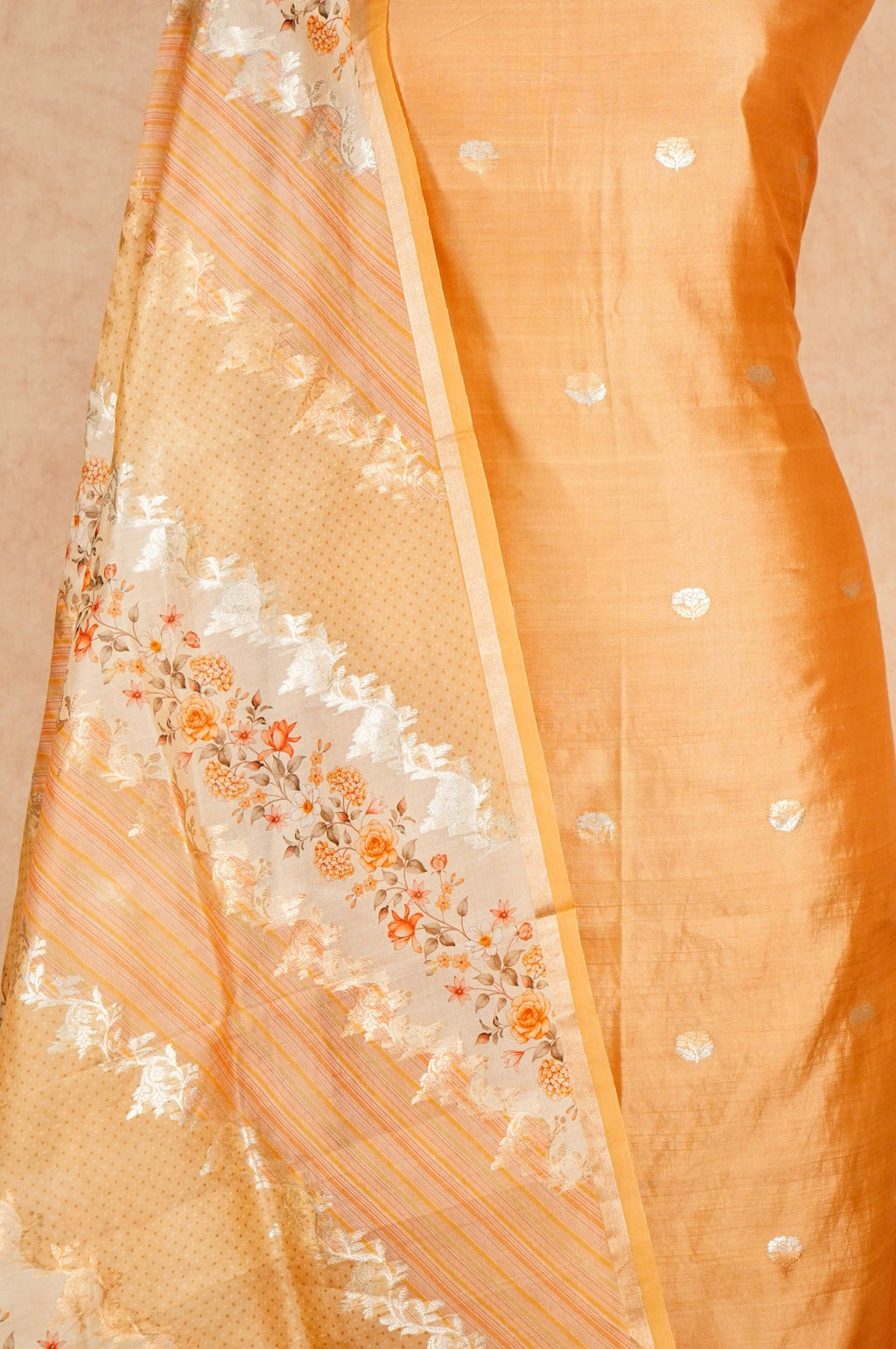 Handwoven Pastel Orange Banarasi Monga Silk Suit
