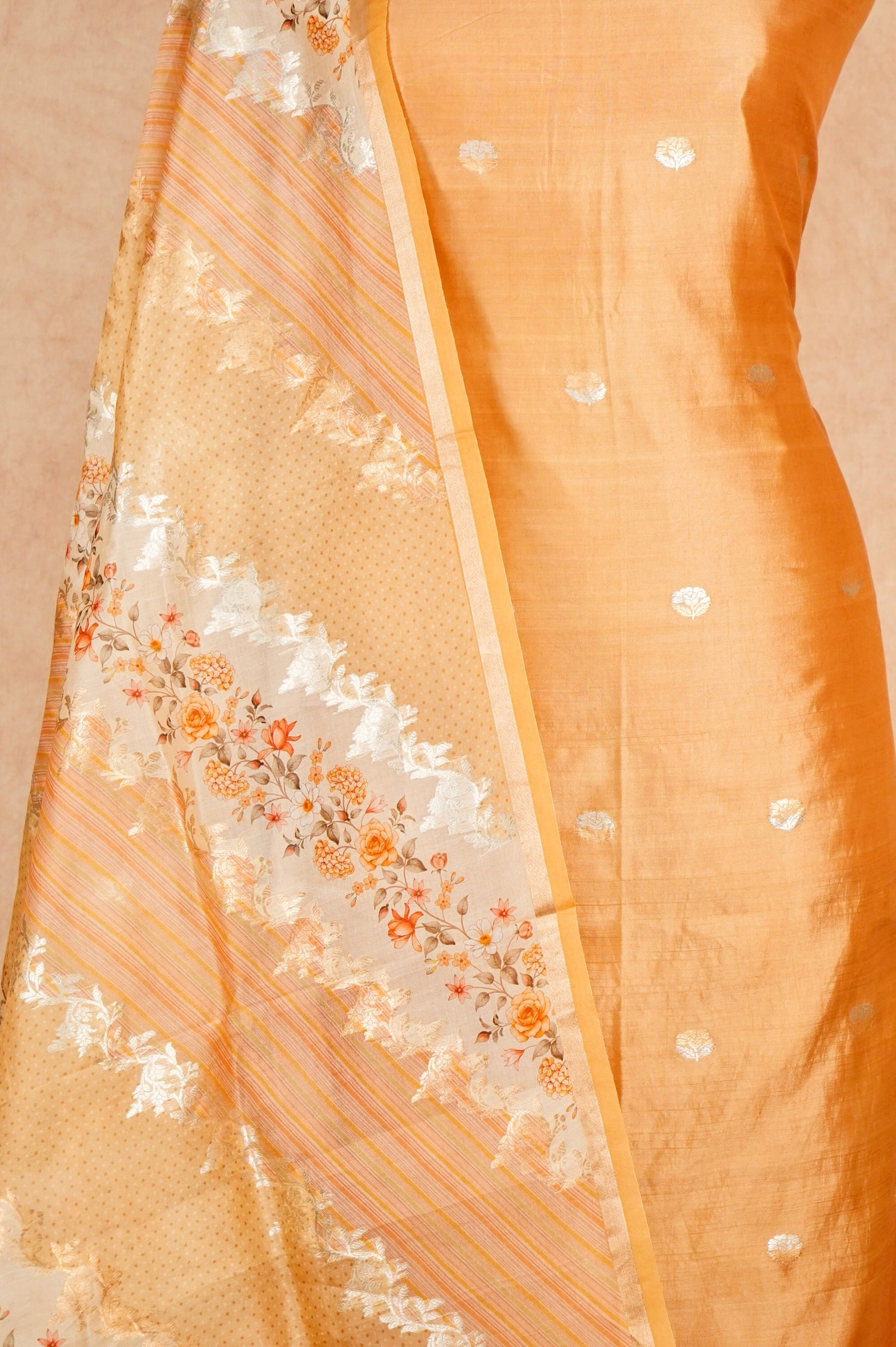 Handwoven Pastel Orange Banarasi Monga Silk Suit