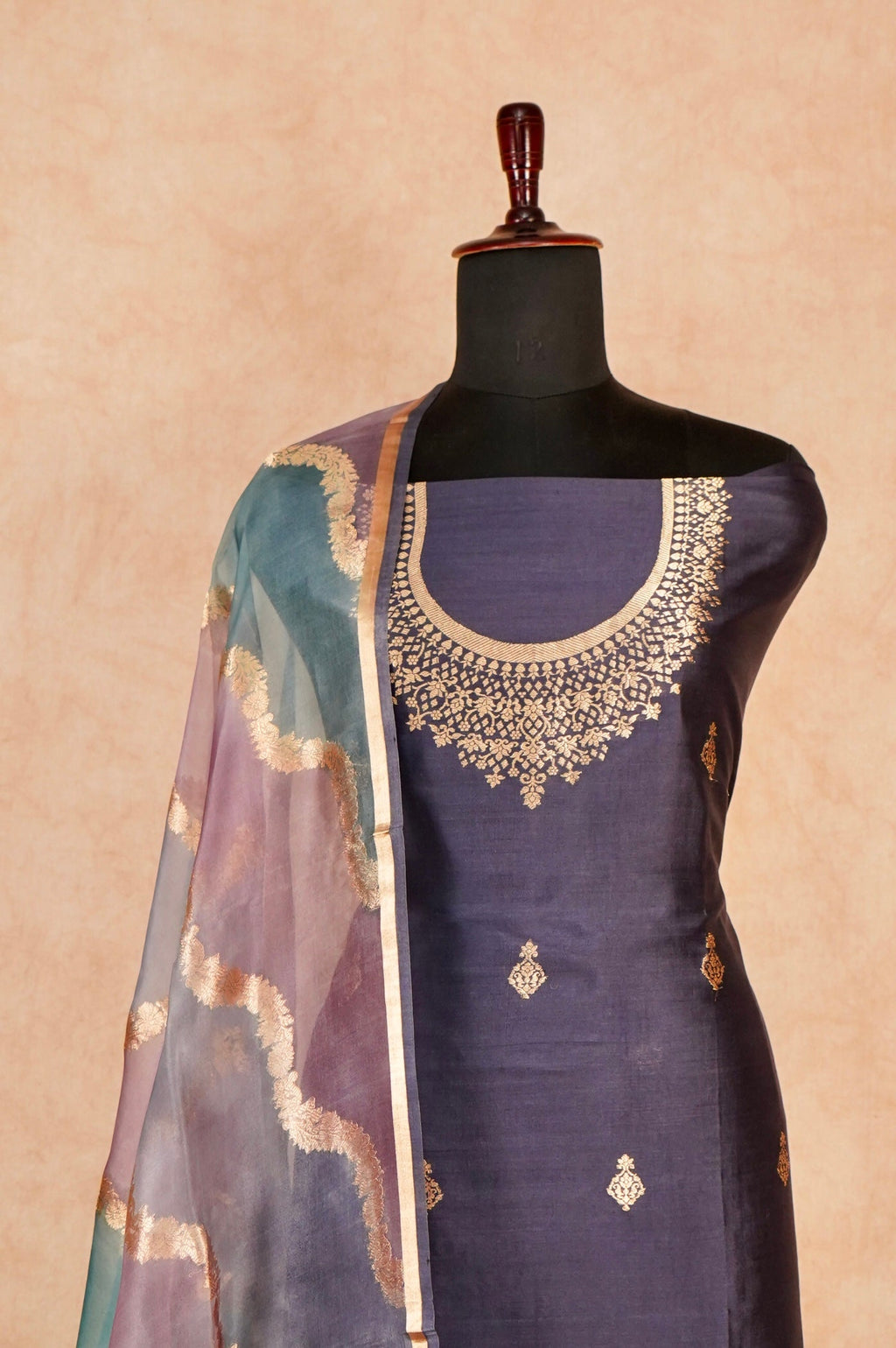 Handwoven Navy Blue Banarasi Katan Silk Suit