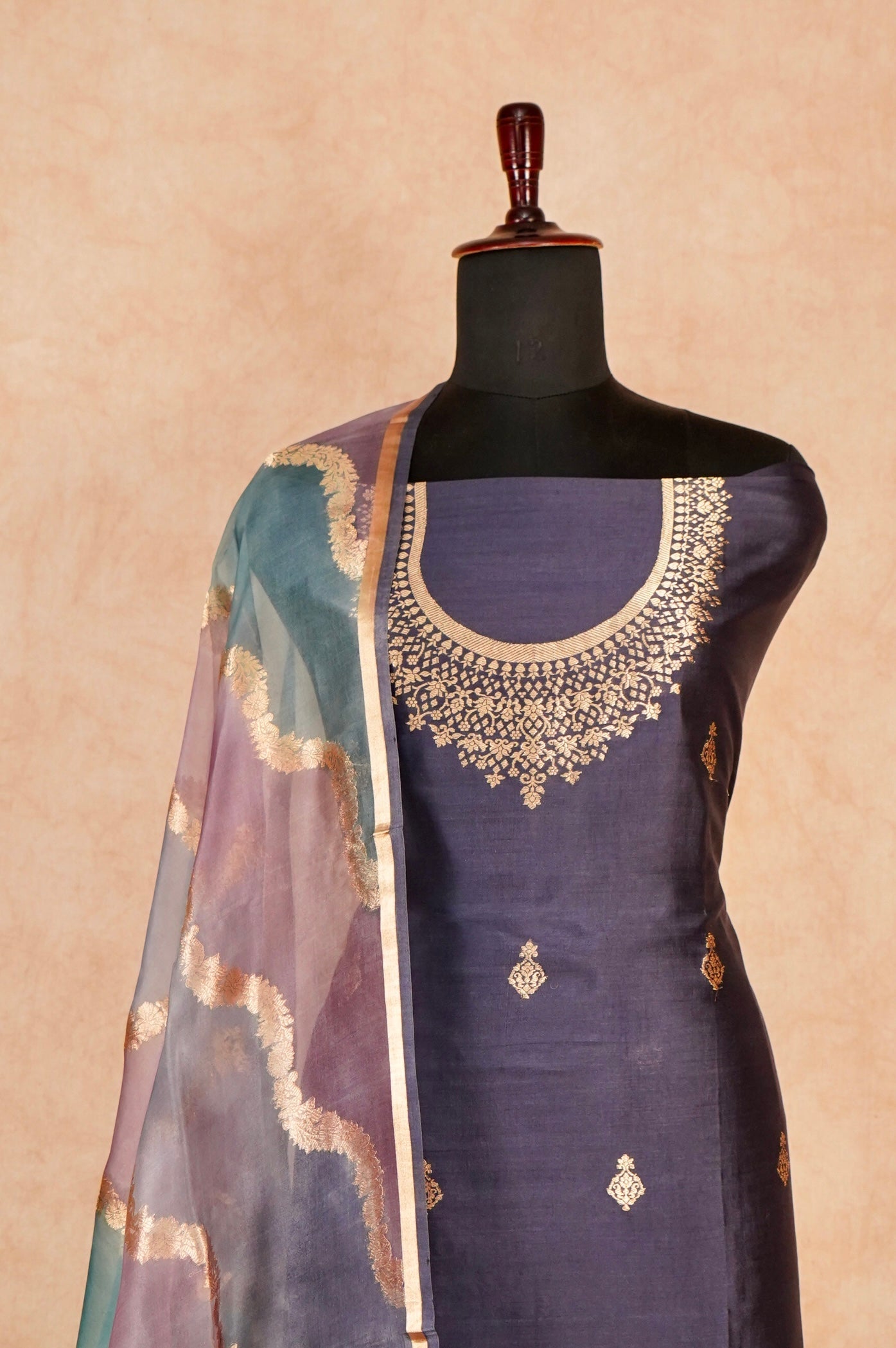 Handwoven Navy Blue Banarasi Katan Silk Suit