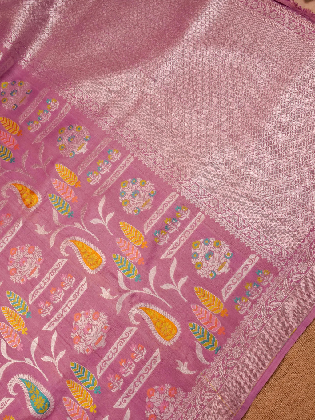 Handwoven Onion Pink Banarasi Desi Tussar Silk Saree