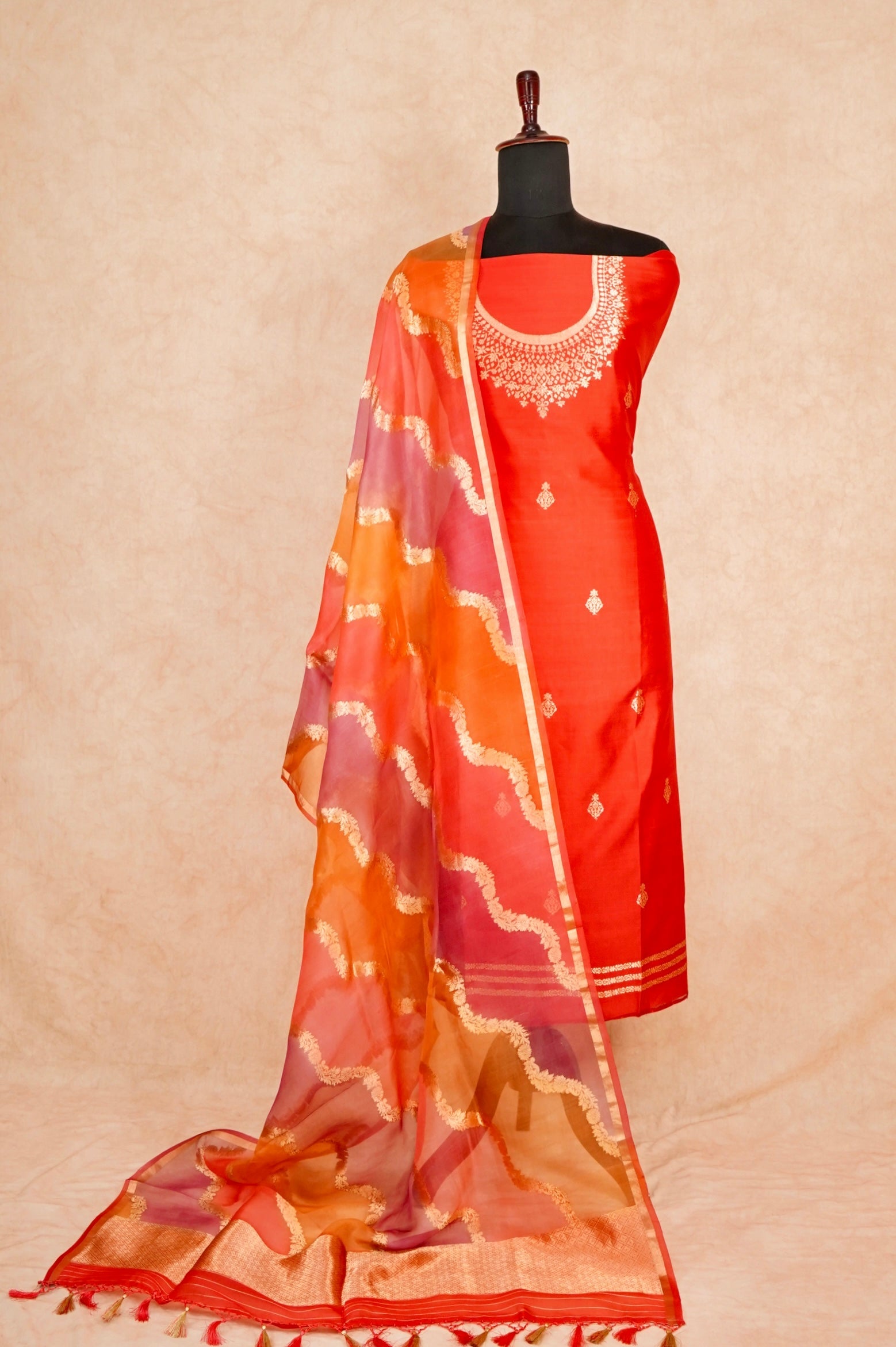 Handwoven Red Banarasi Katan Silk Suit