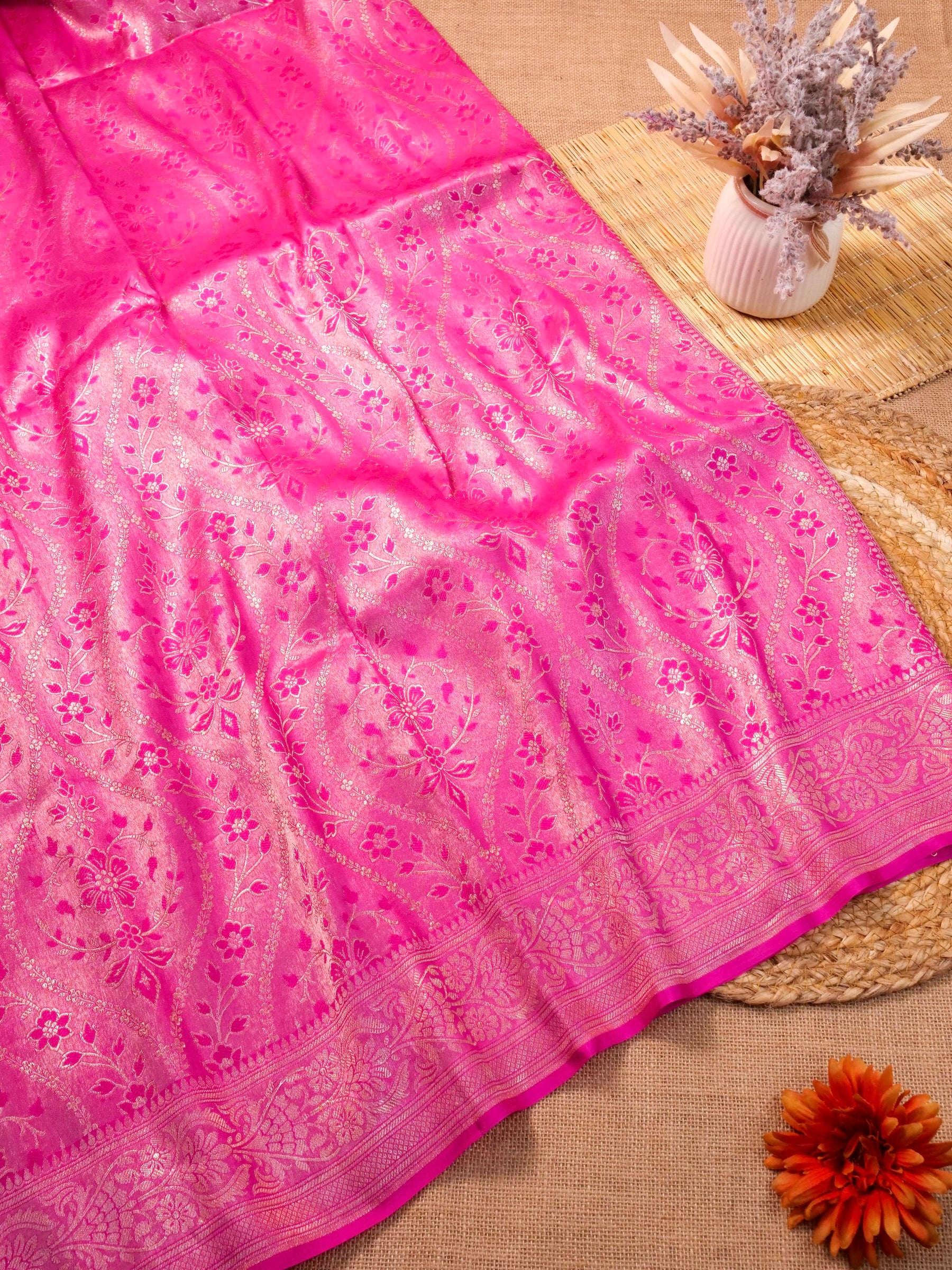 Handwoven Pink Banarasi Katan Soft Tissue Silk Saree