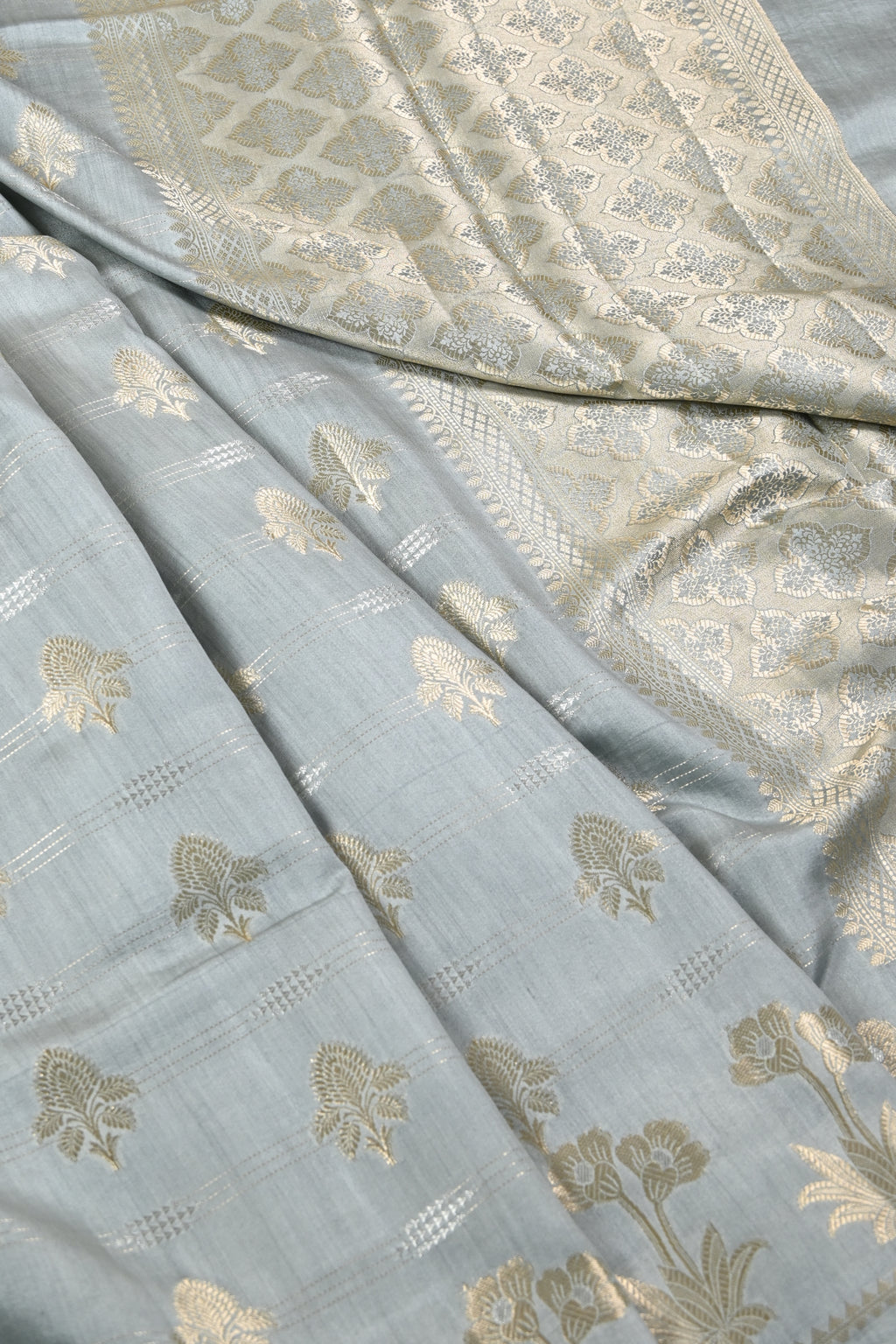 Grey Pure Banarasi Moonga Silk Saree
