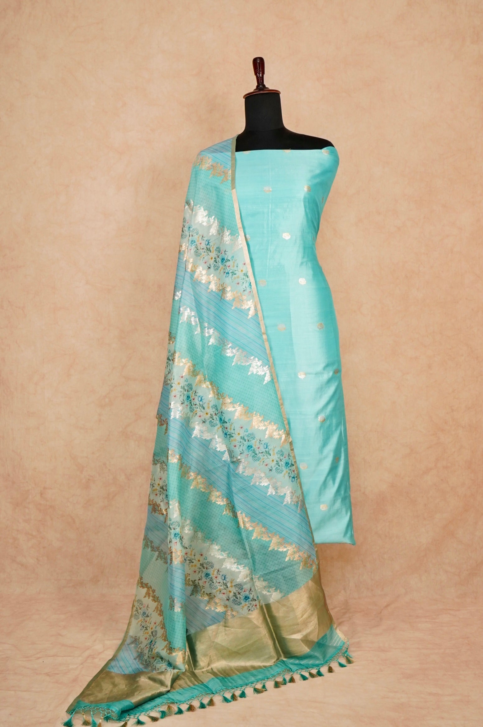 Handwoven Sky Blue Banarasi Monga Silk Suit