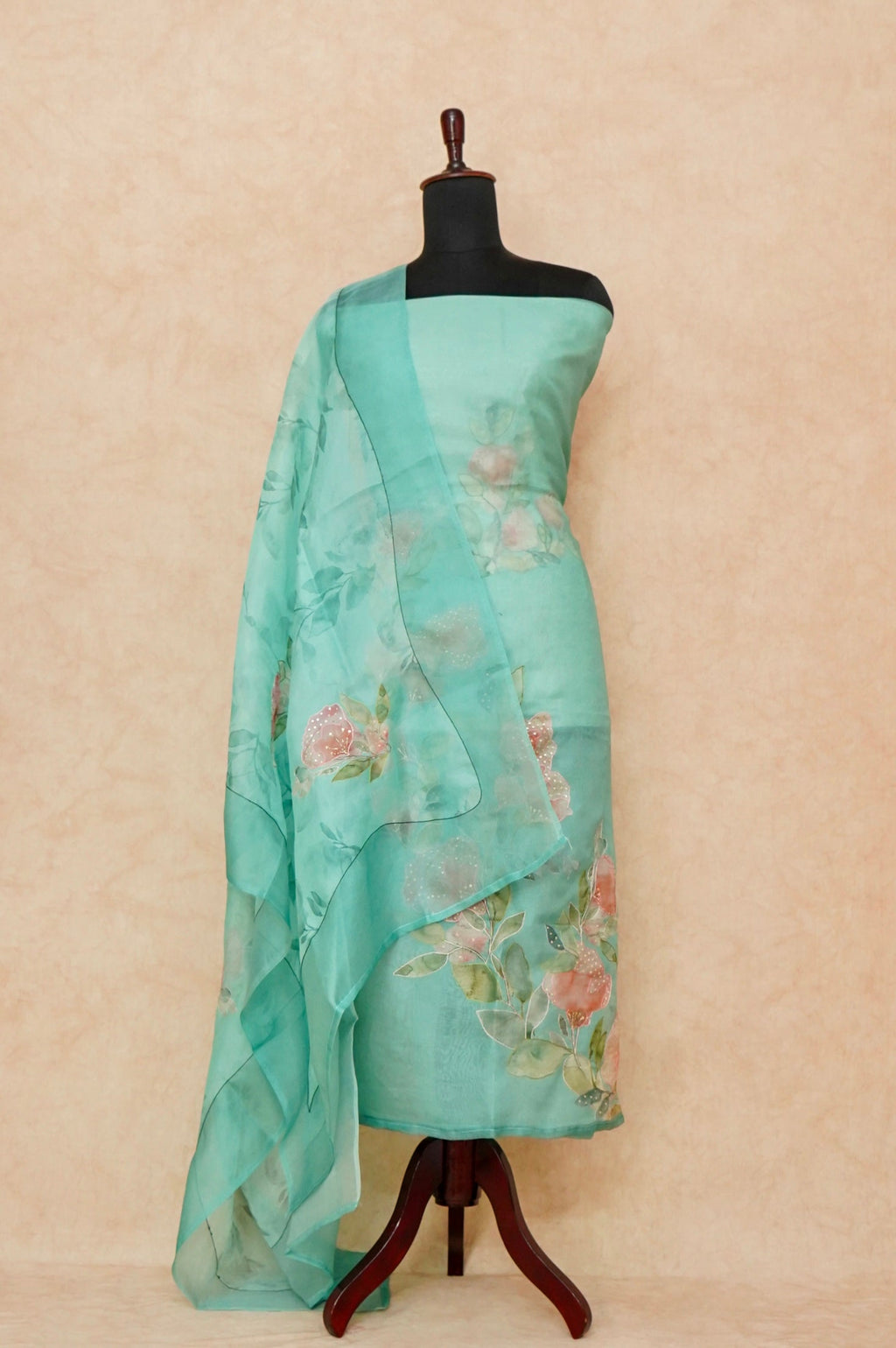 Handwoven Bluish Green Banarasi Tussar Silk Suit