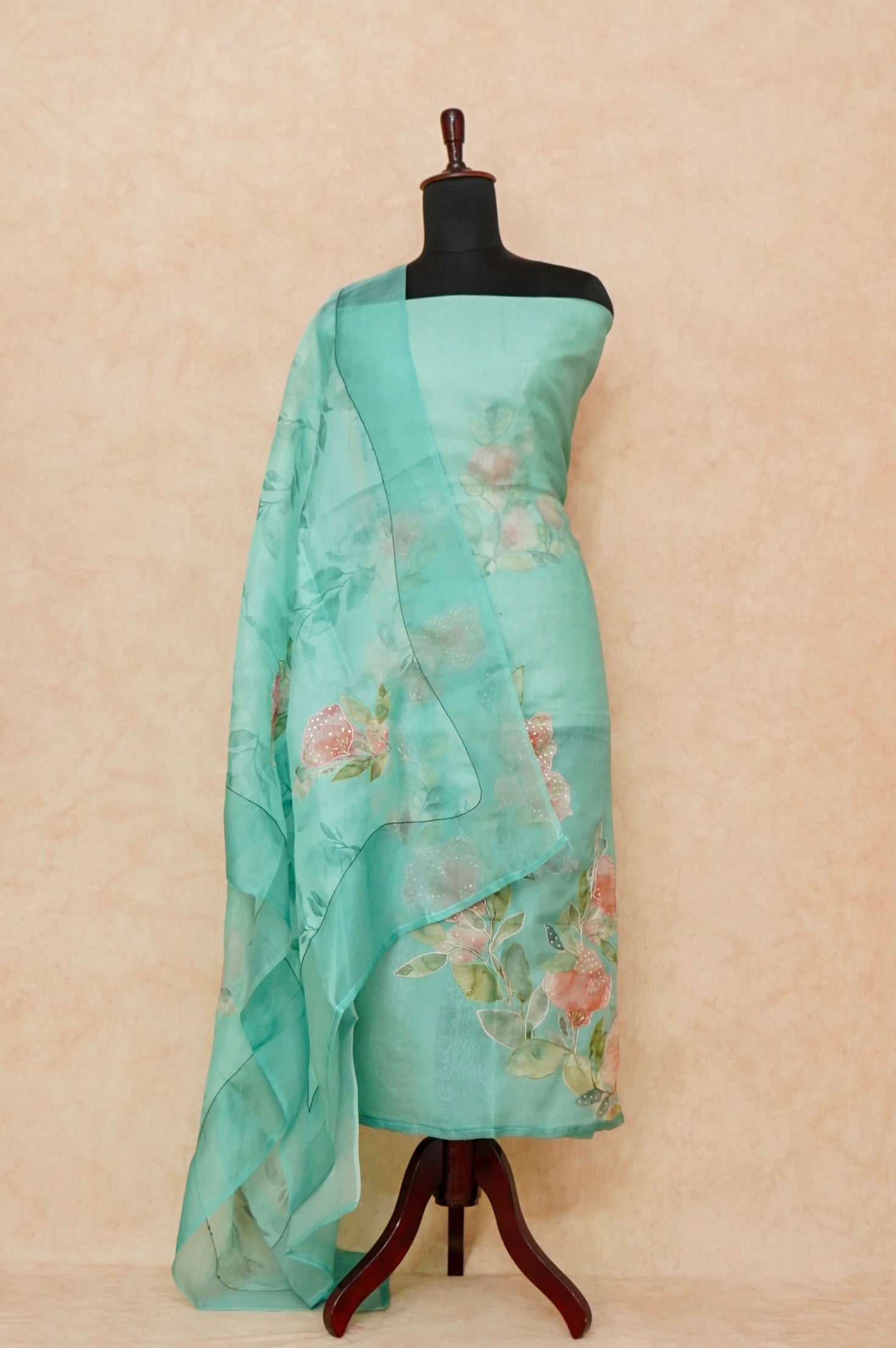 Handwoven Bluish Green Banarasi Tussar Silk Suit