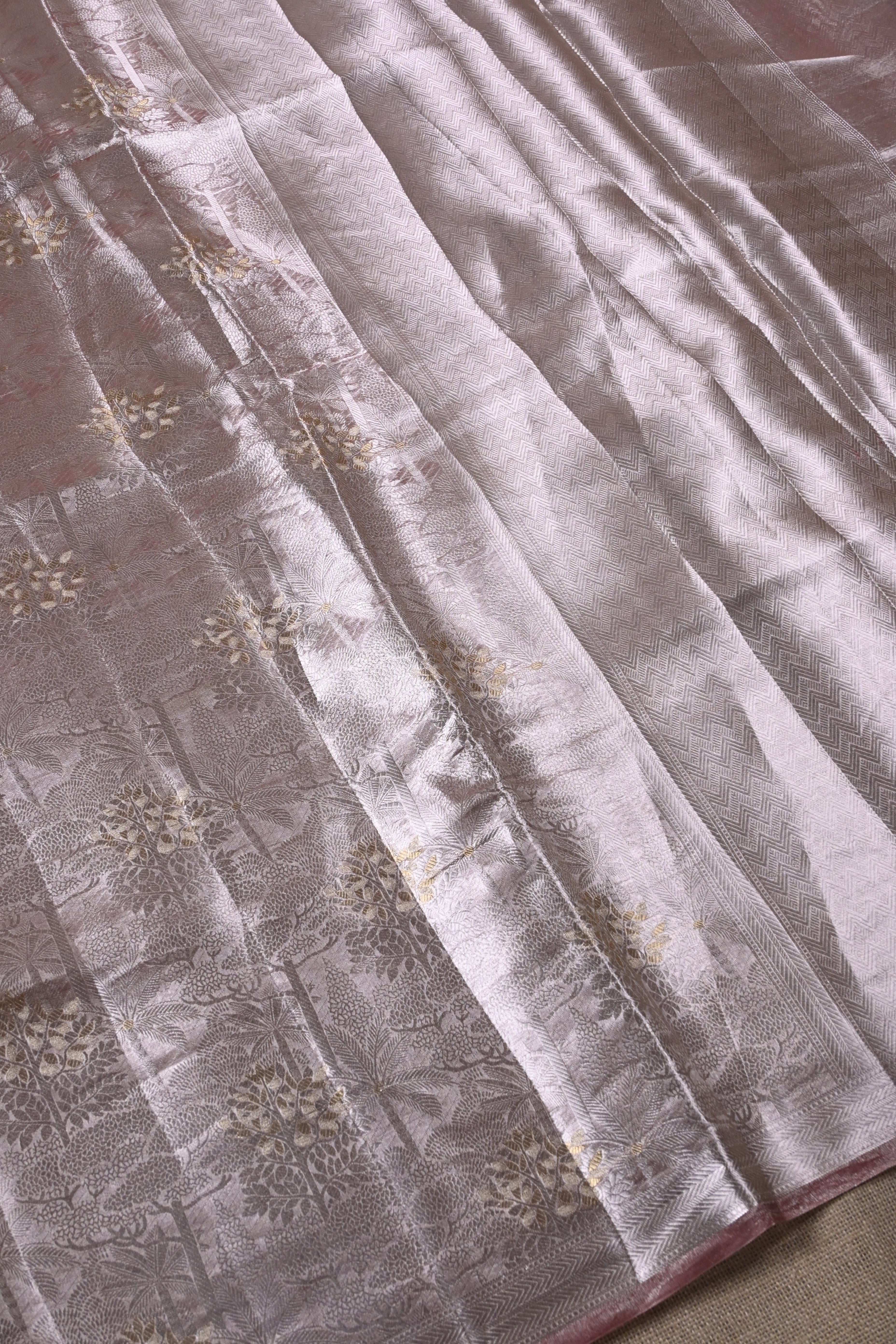 Baby Peach Pure Banarasi Molten Alfi Tissue Silk Saree