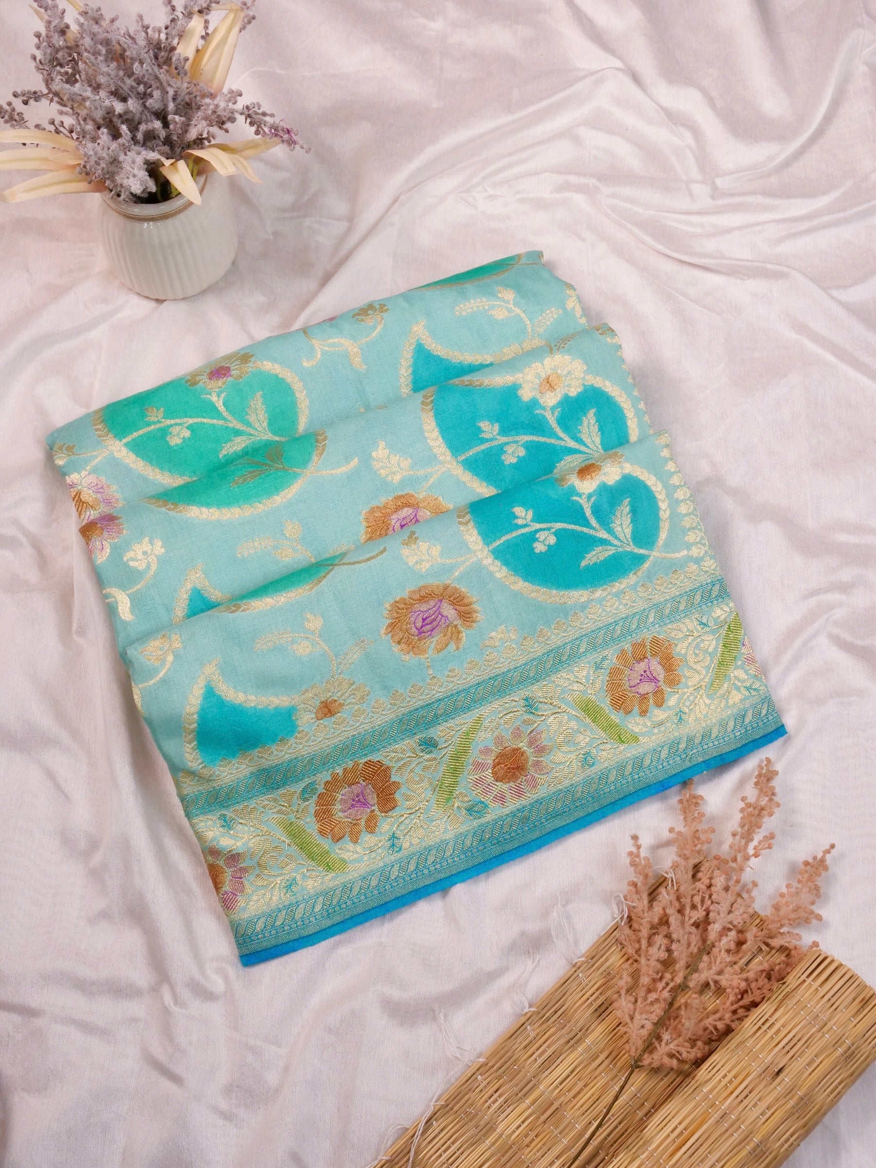 Handwoven Turquoise Blue Banarasi Monga Silk Saree