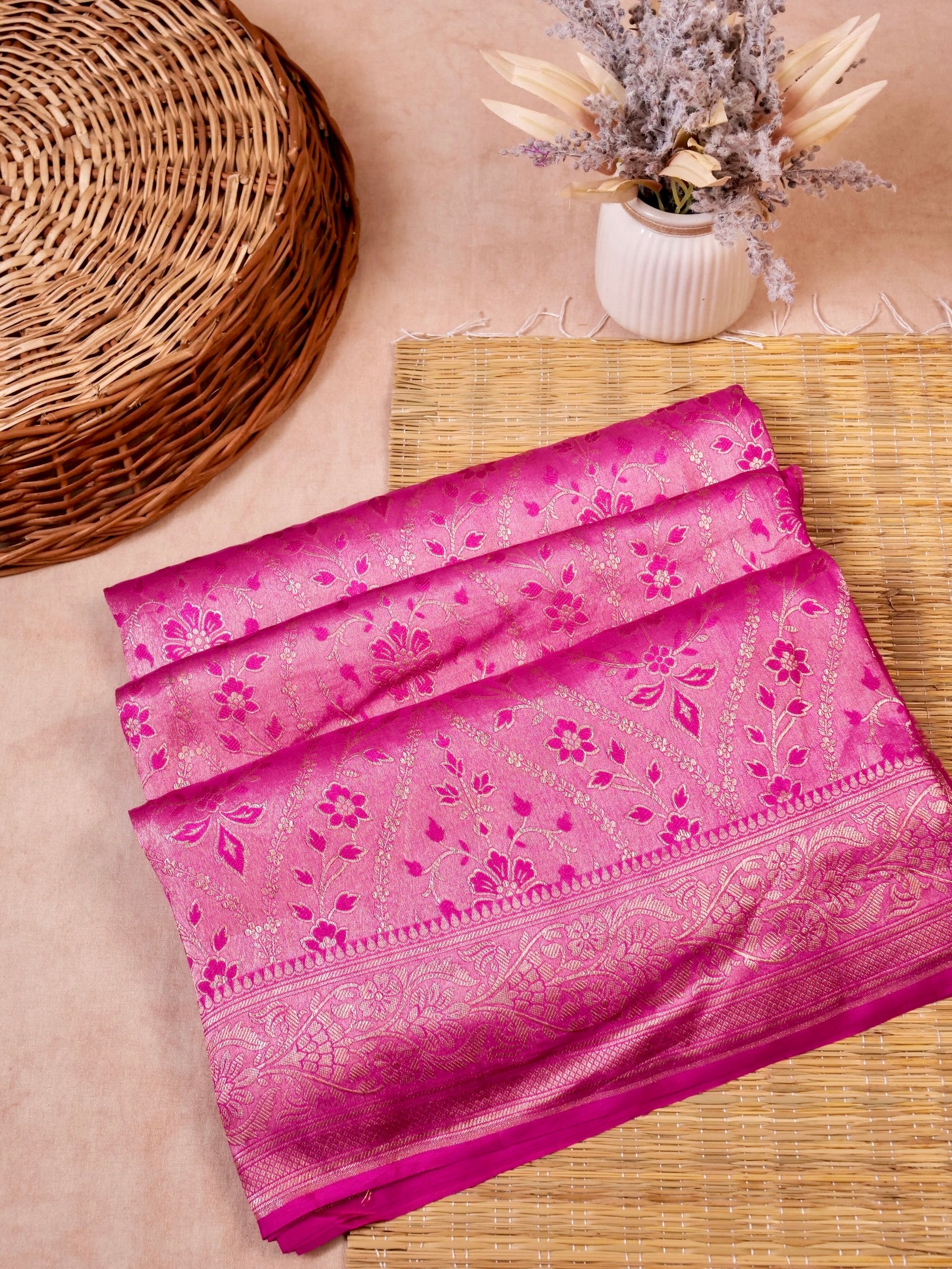 Handwoven Pink Banarasi Katan Soft Tissue Silk Saree