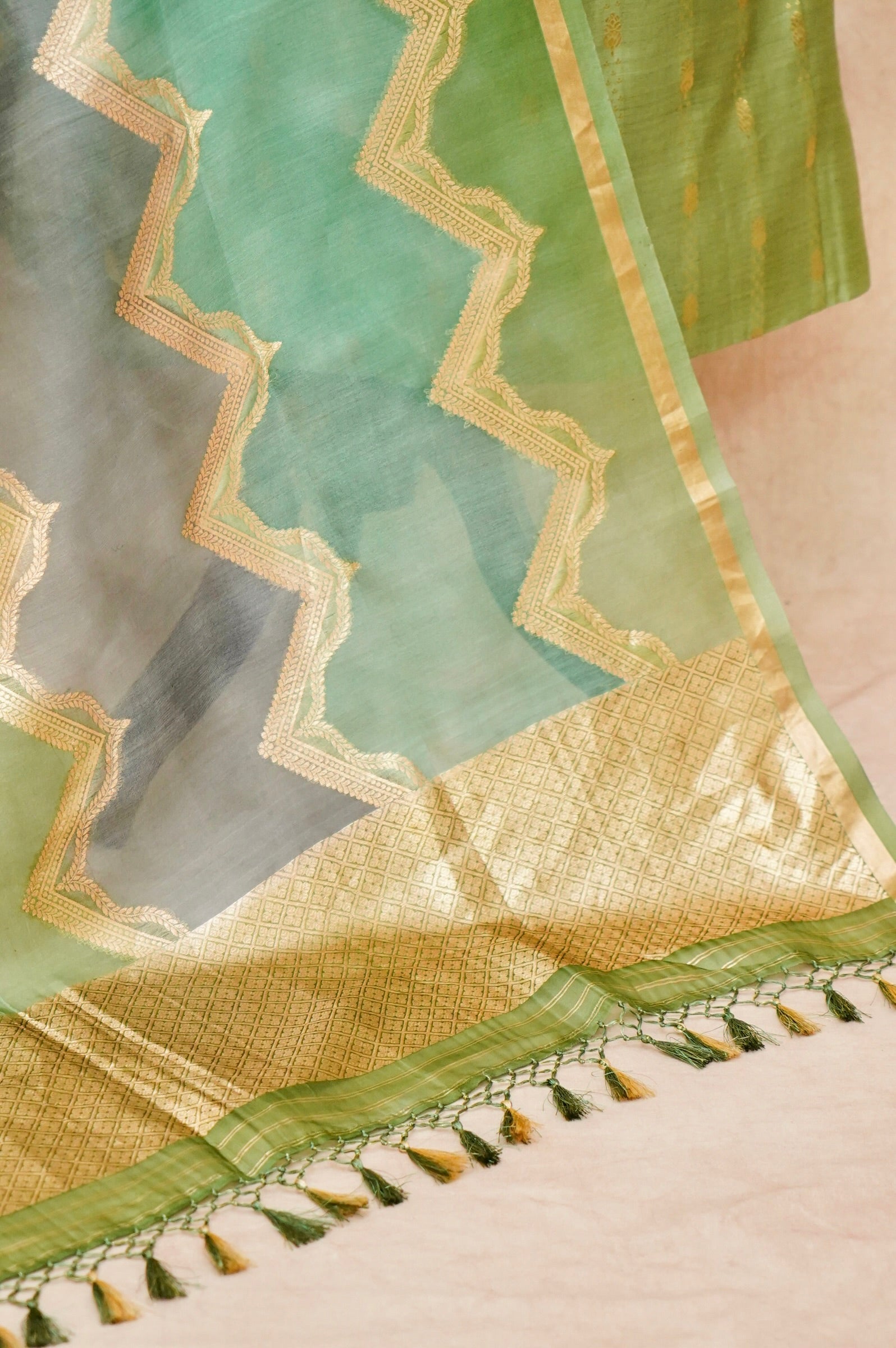 Handwoven Pista Green Banarasi Monga Silk Suit