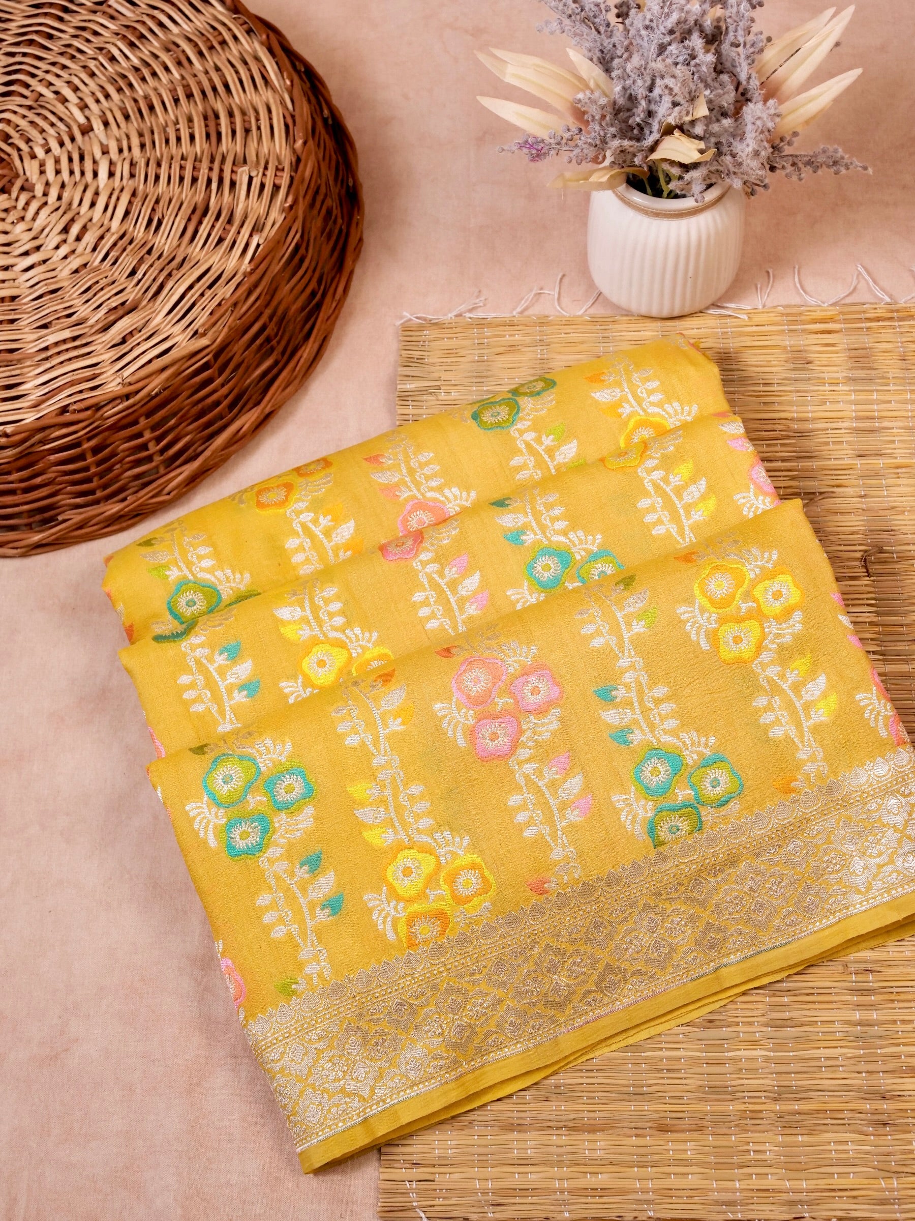 Handwoven Yellow Banarasi Tussar Silk Saree