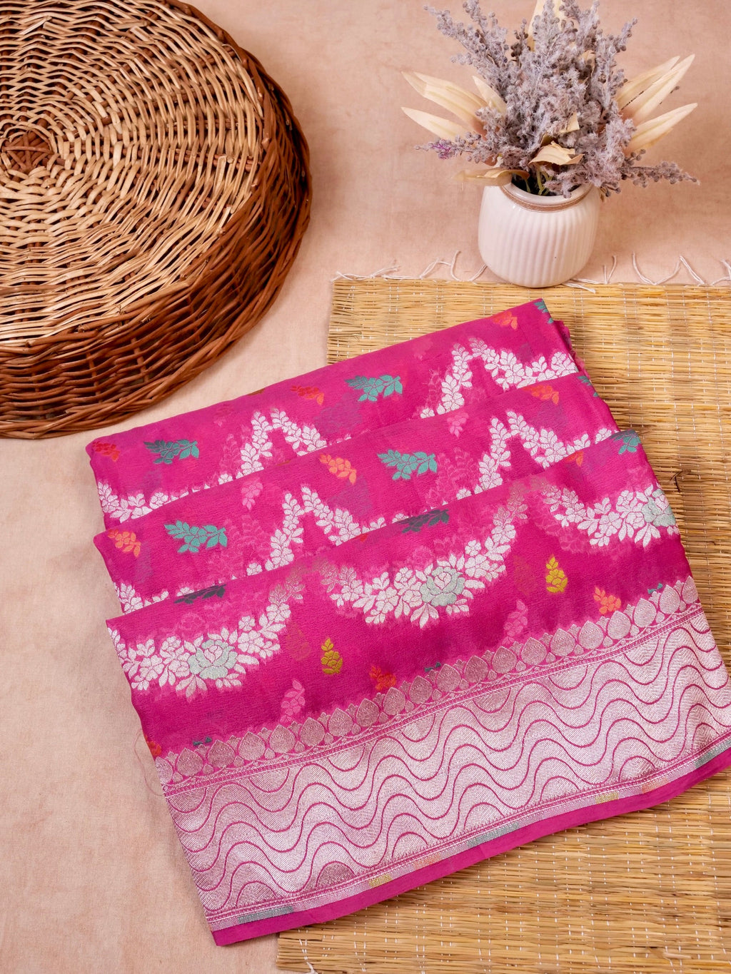 Handwoven Pink Banarasi Khaddi Silk Saree