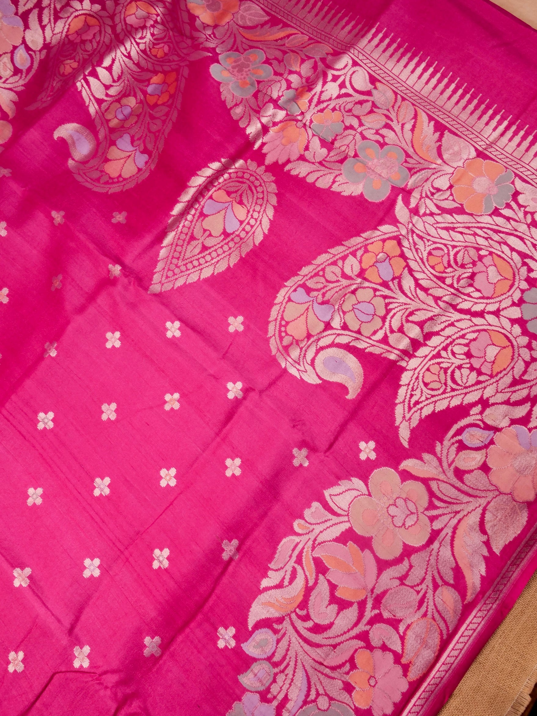 Handwoven Pink Banarasi Desi Tusser Silk Saree