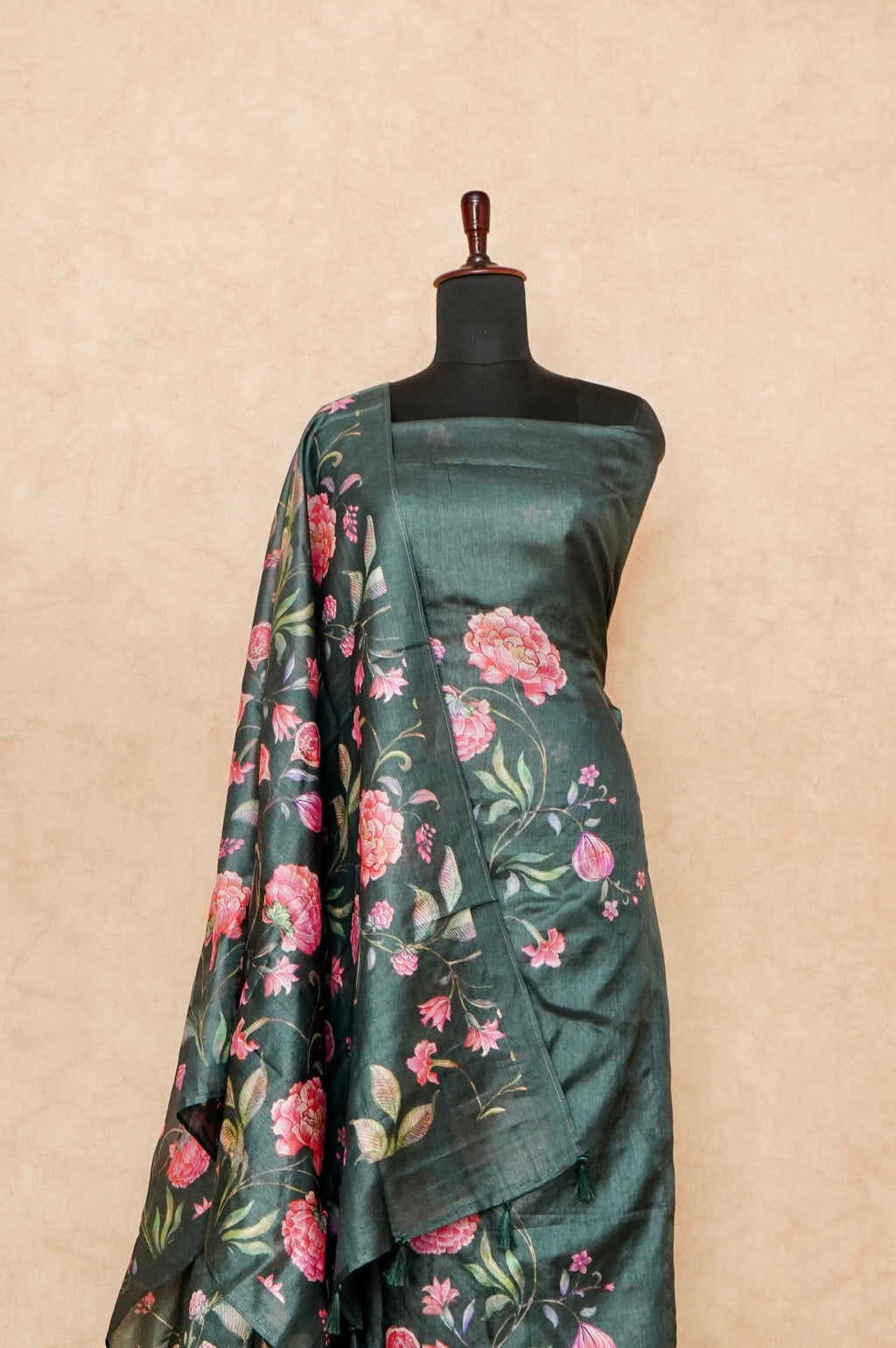 Handwoven Dark Green Banarasi Tussar Silk Suit