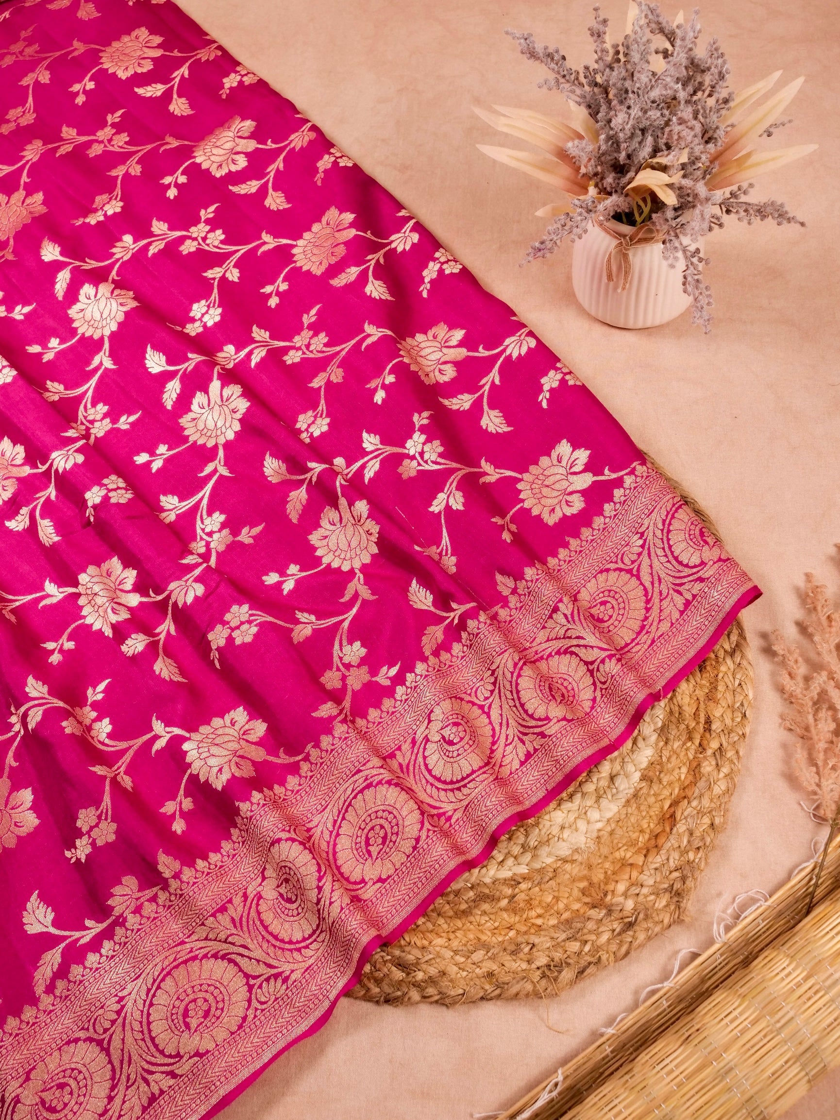 Handwoven Hot Pink Banarasi Monga Silk Saree