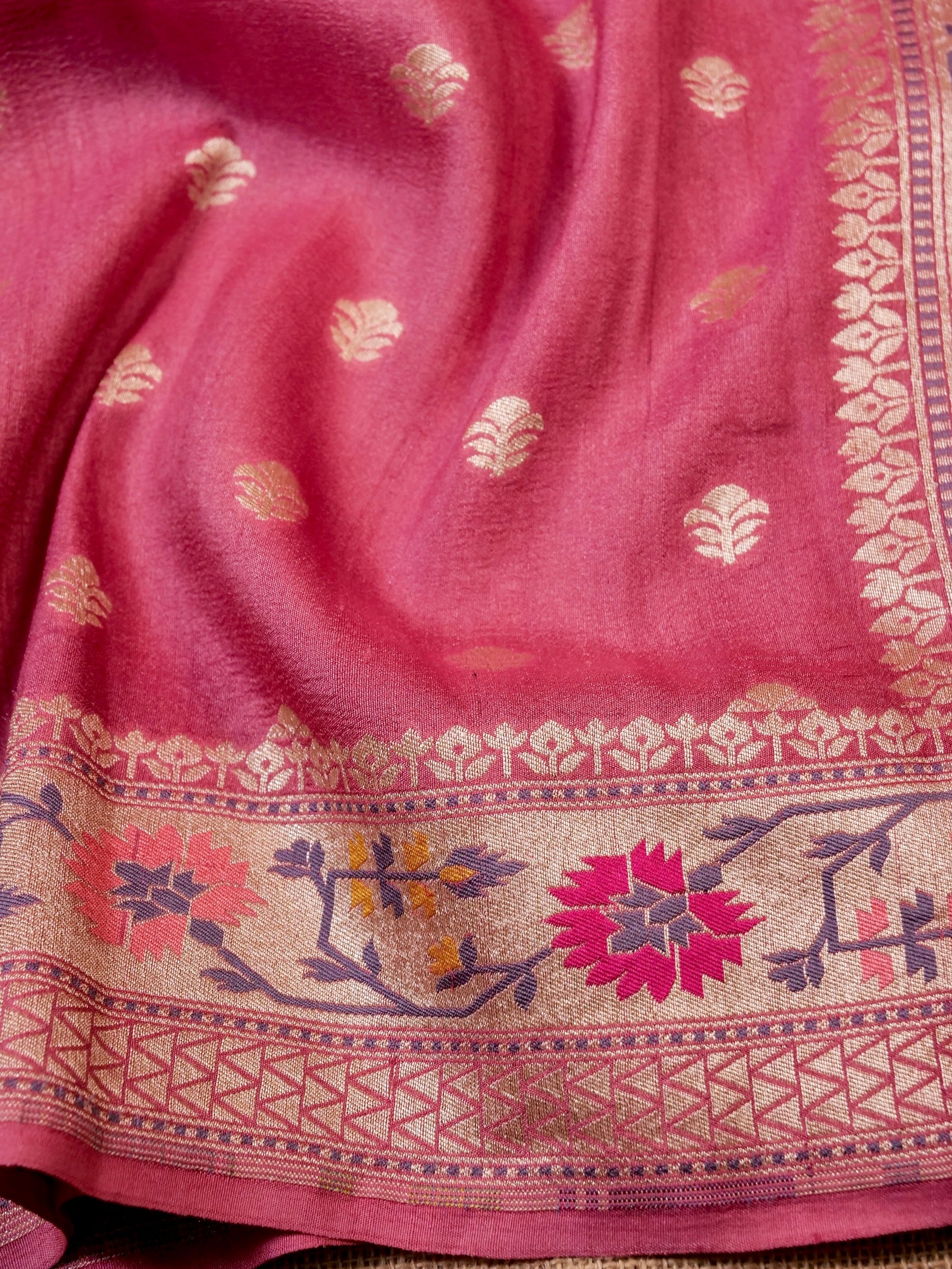 Handwoven Dark Pink Banarasi Tussar Silk Saree