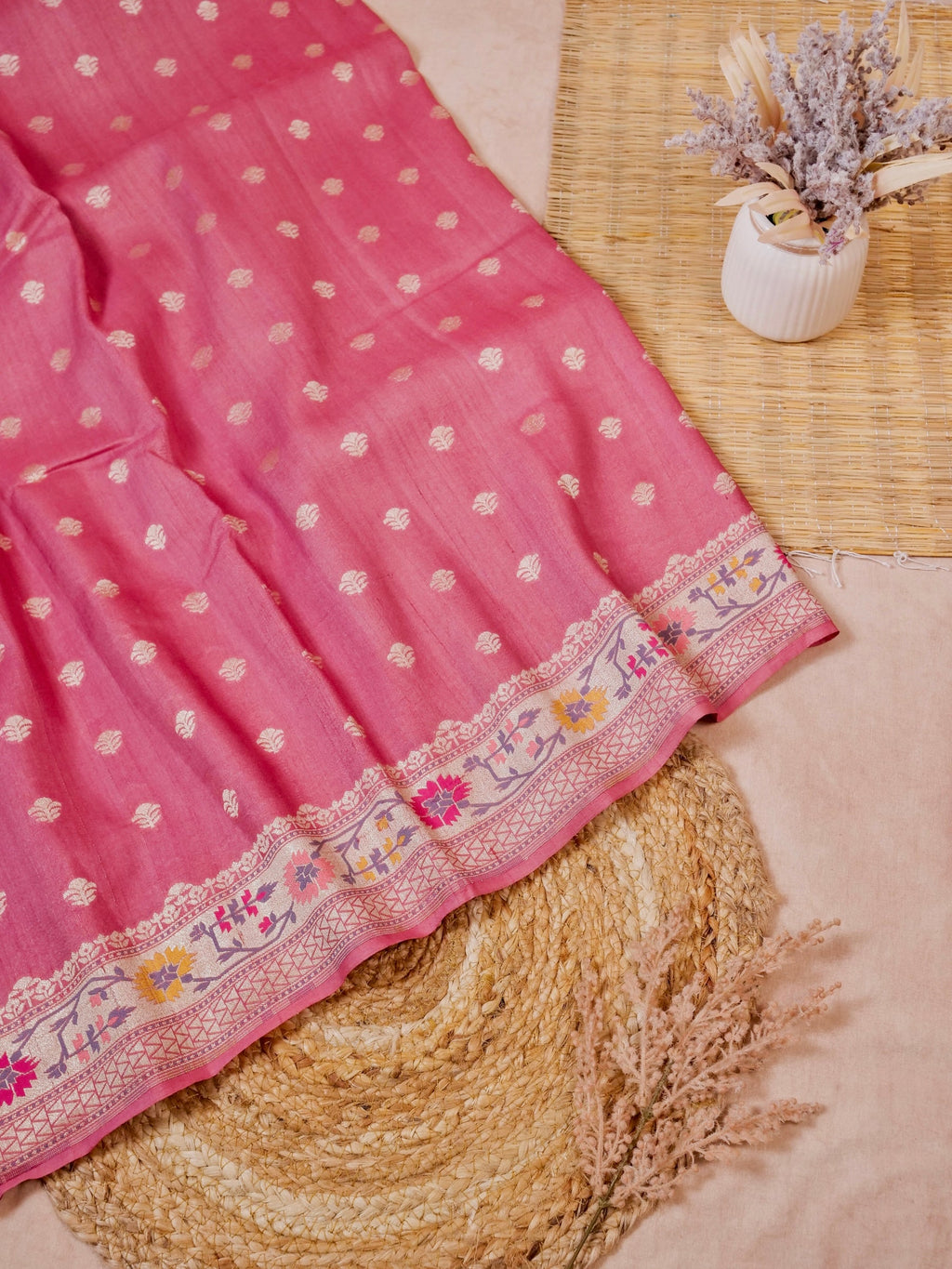 Handwoven Dark Pink Banarasi Tussar Silk Saree