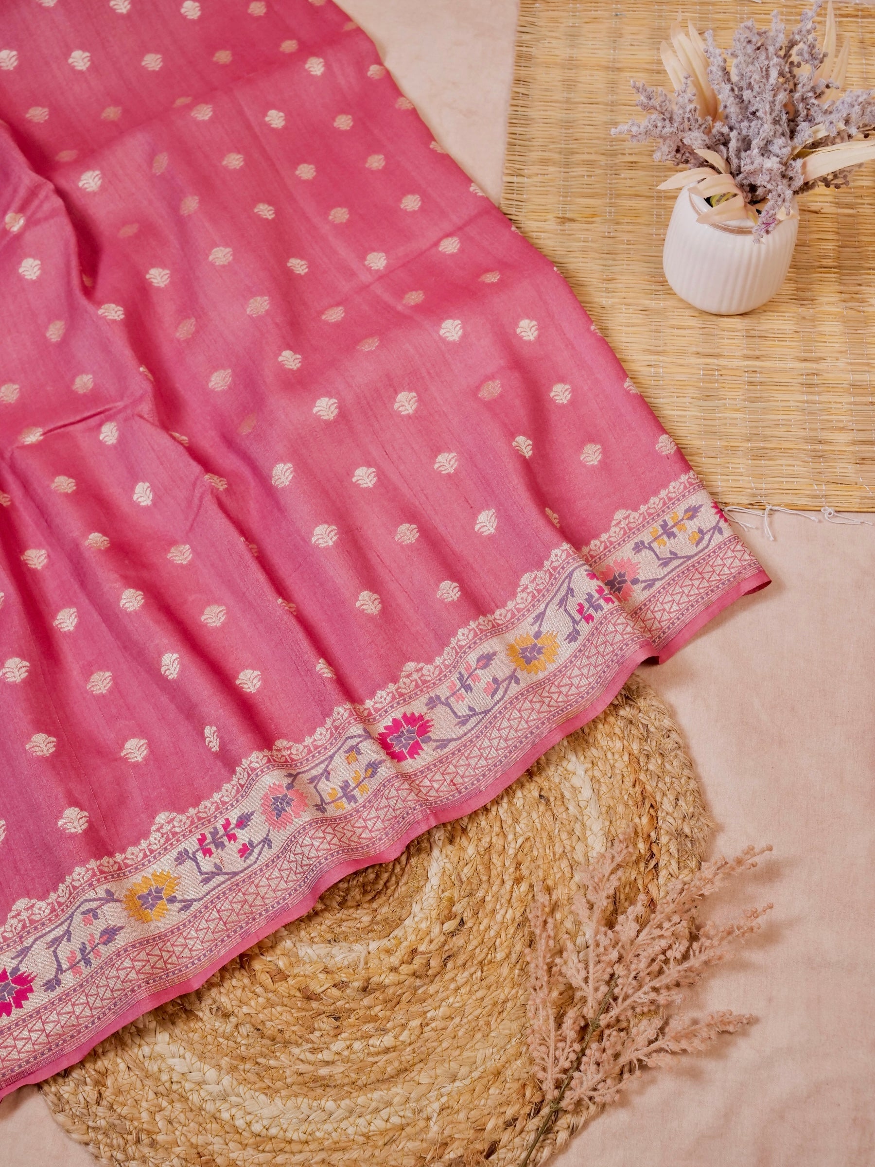 Handwoven Dark Pink Banarasi Tussar Silk Saree