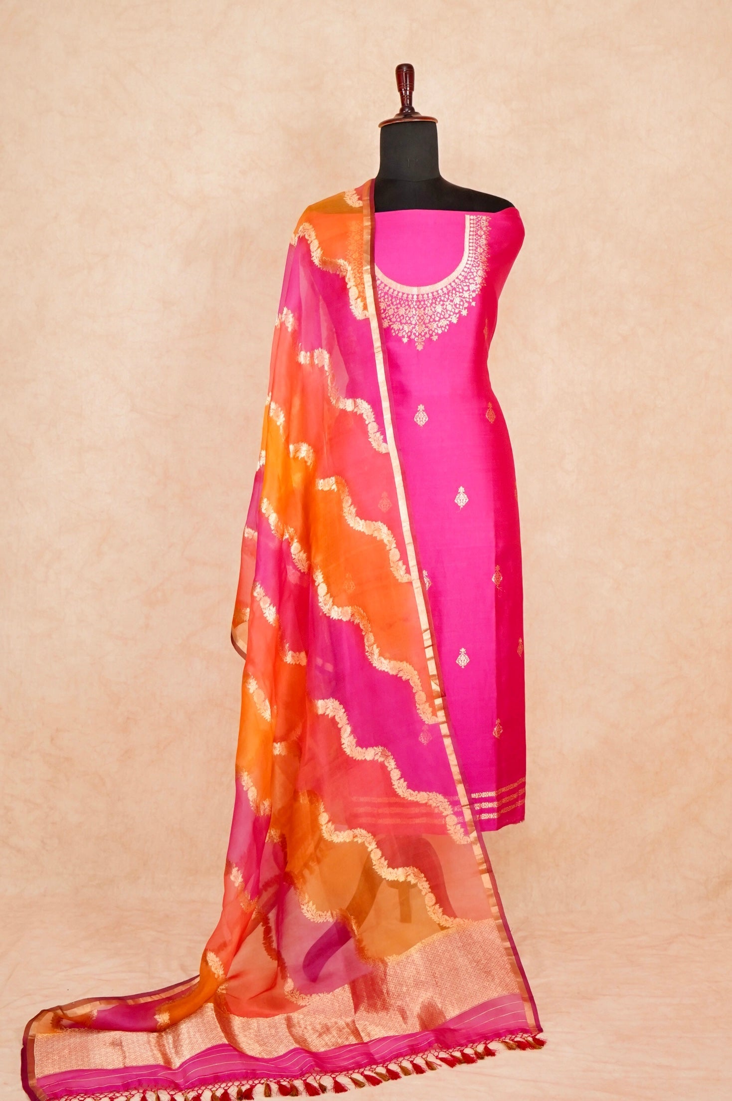 Handwoven Rani Pink Banarasi Katan Silk Suit