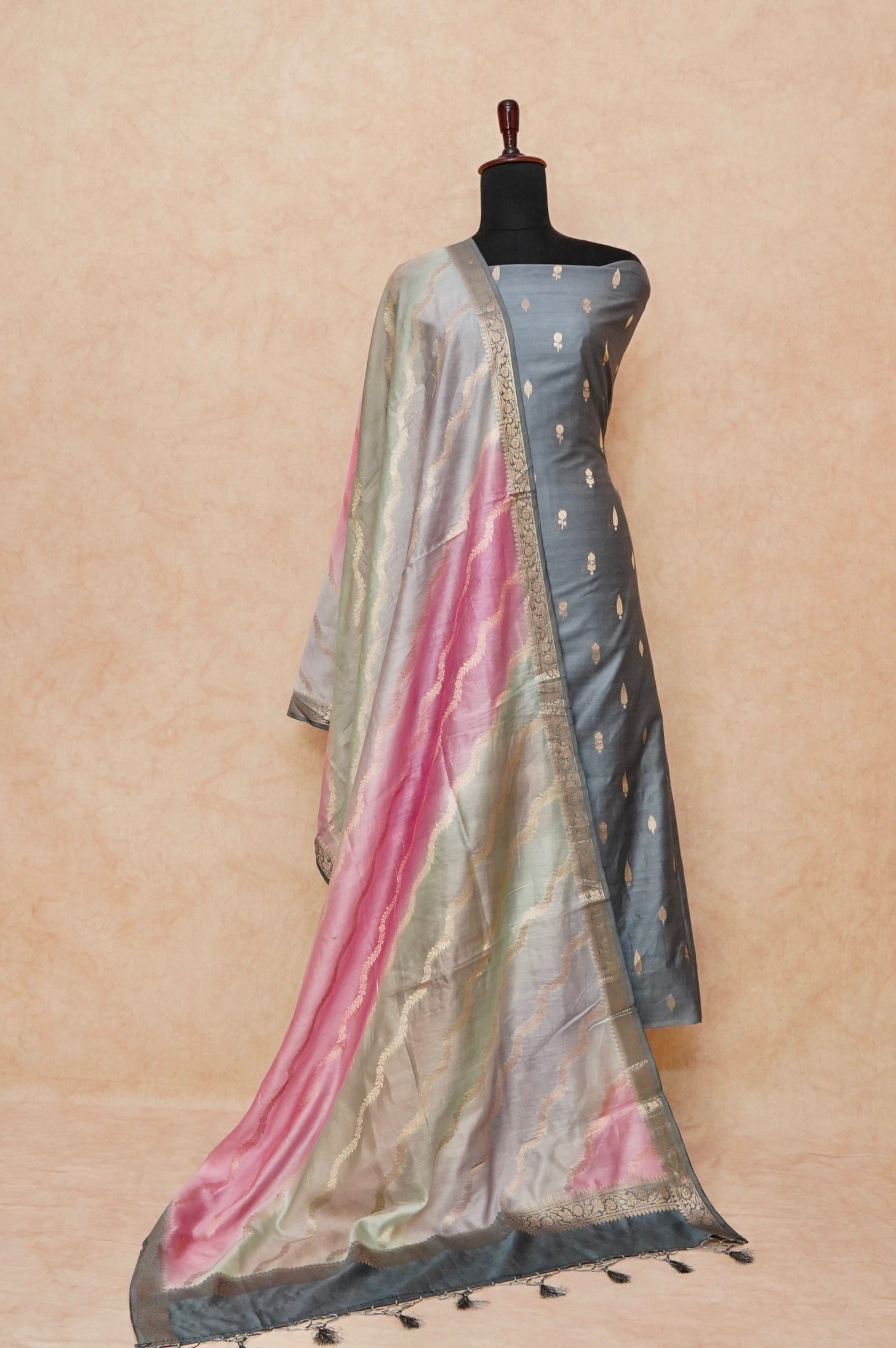 Handwoven Grey Banarasi Chanderi Silk Suit