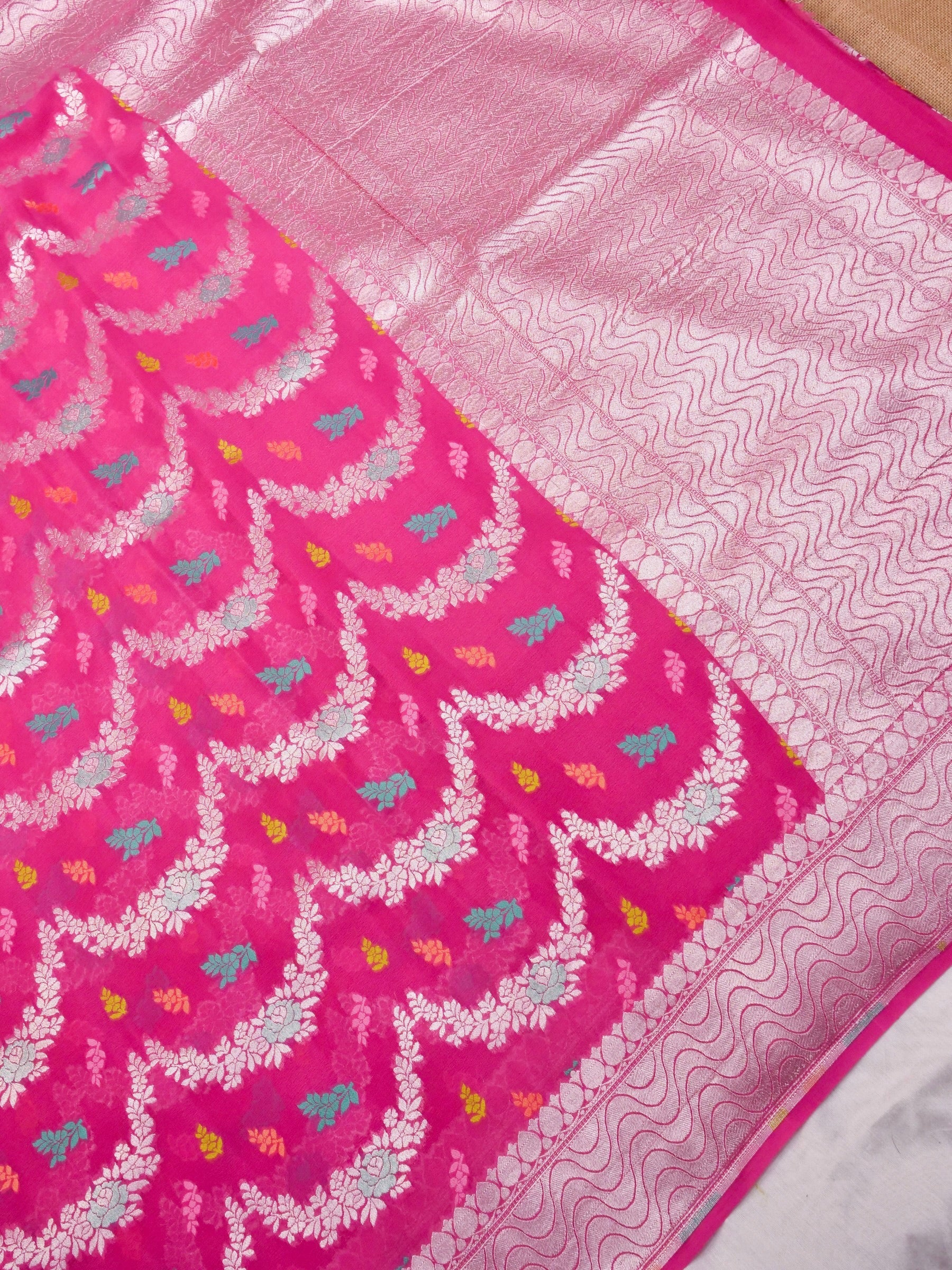 Handwoven Pink Banarasi Khaddi Silk Saree