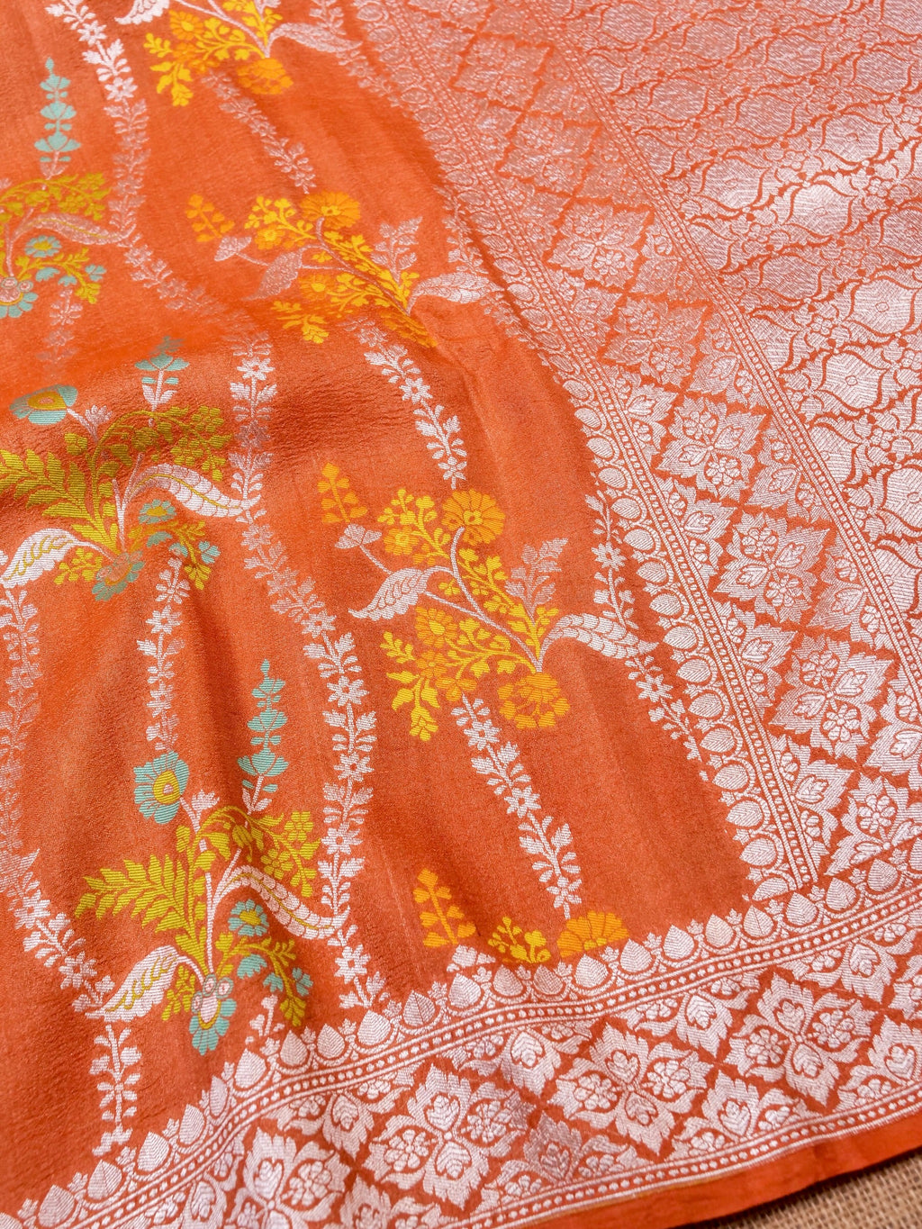 Handwoven Orange Banarasi Monga Silk Saree