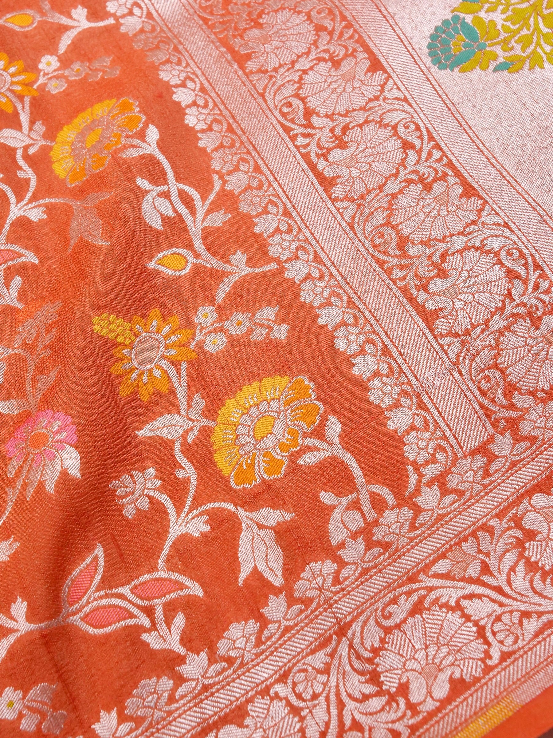 Handwoven Orange Banarasi Tussar Silk Saree
