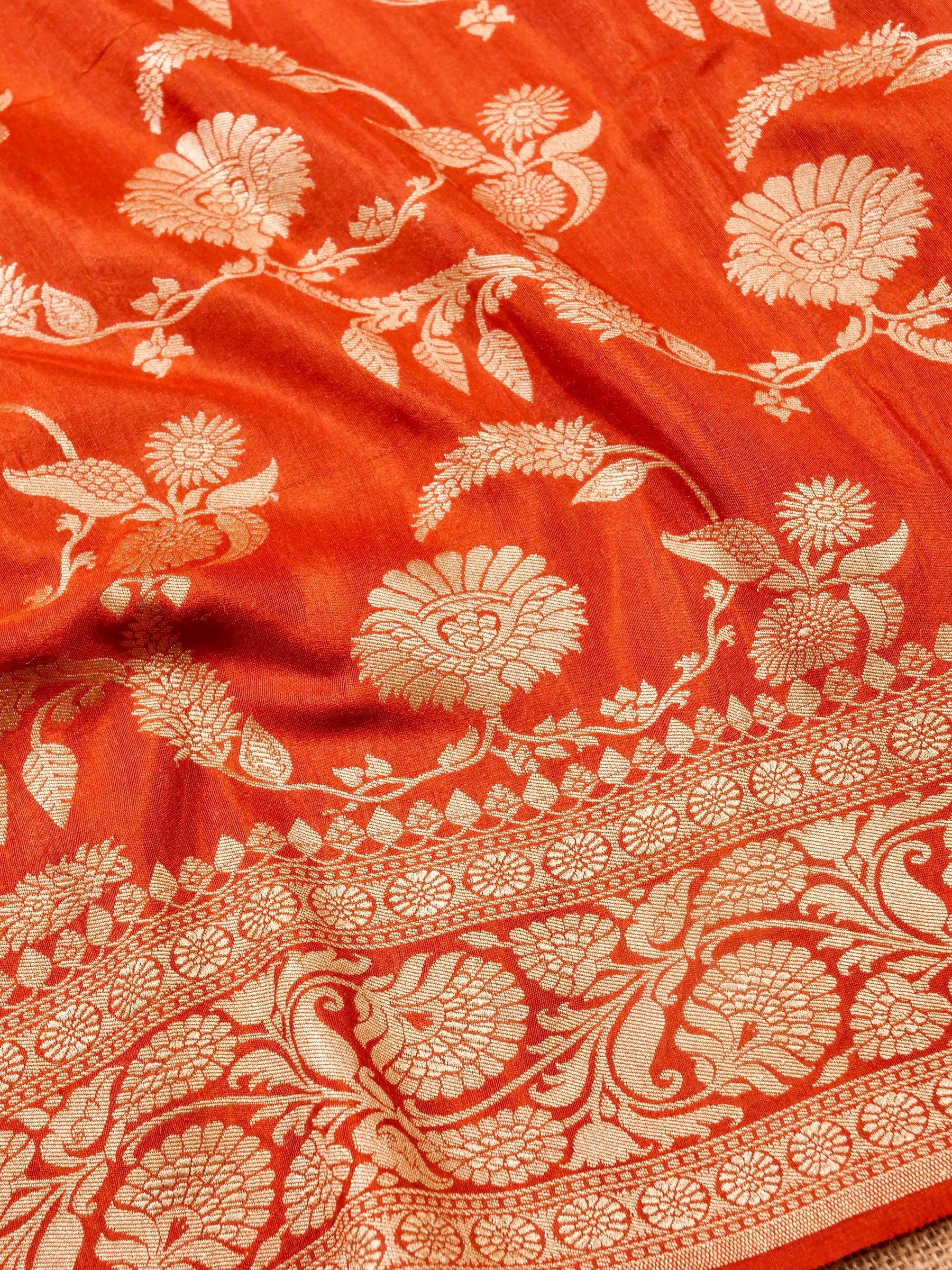 Handwoven Orange Banarasi Monga Silk Saree