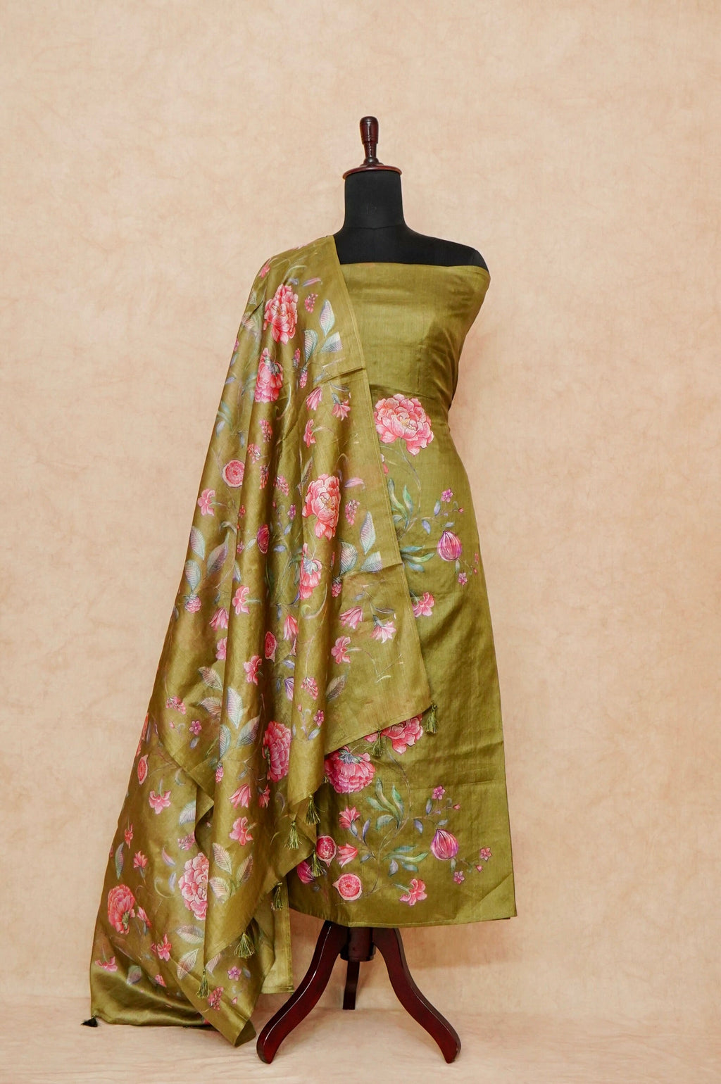 Handwoven Mehendi Banarasi Tussar Silk Suit