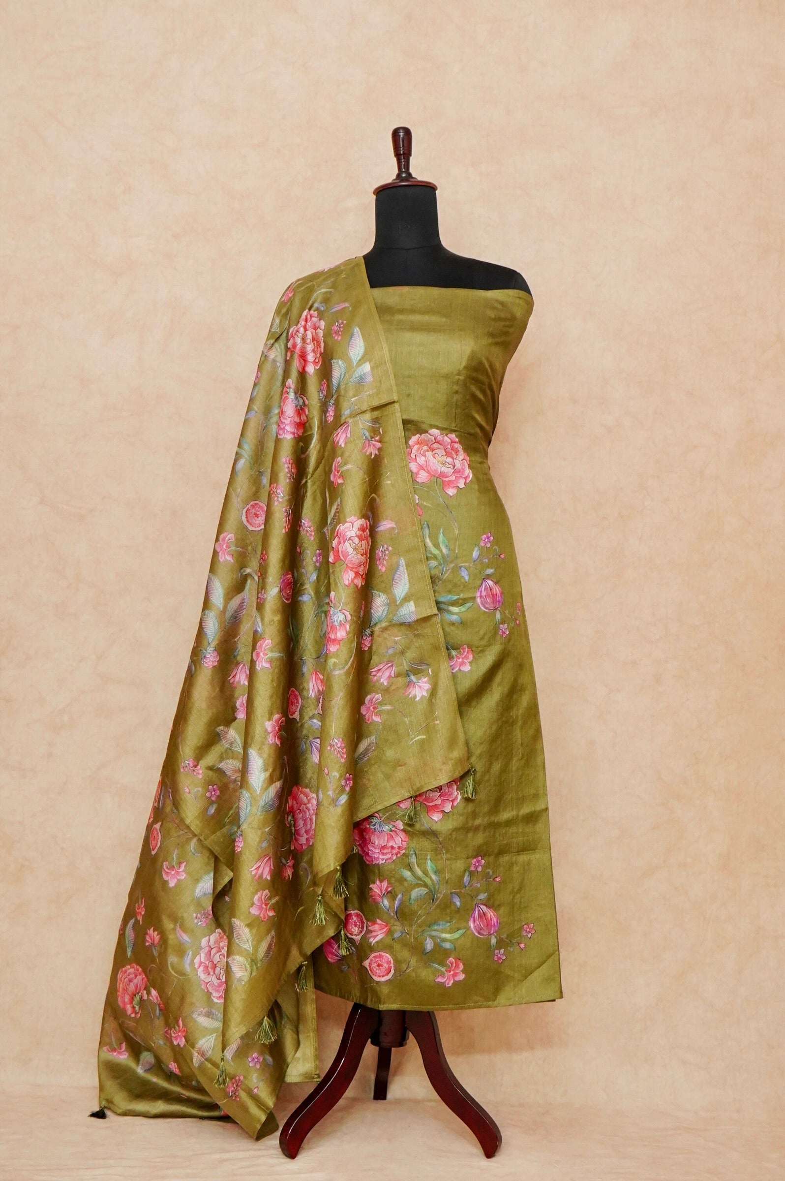 Handwoven Mehendi Banarasi Tussar Silk Suit