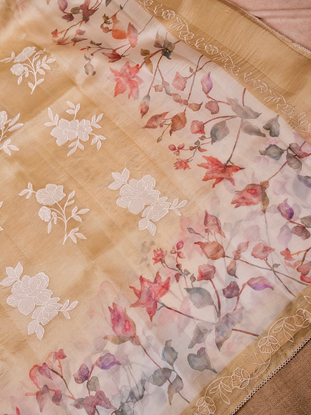 Handwoven Cream Banarasi Organza Silk Saree