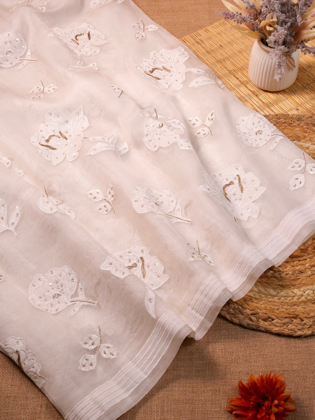 Handwoven White Banarasi Organza Silk Saree