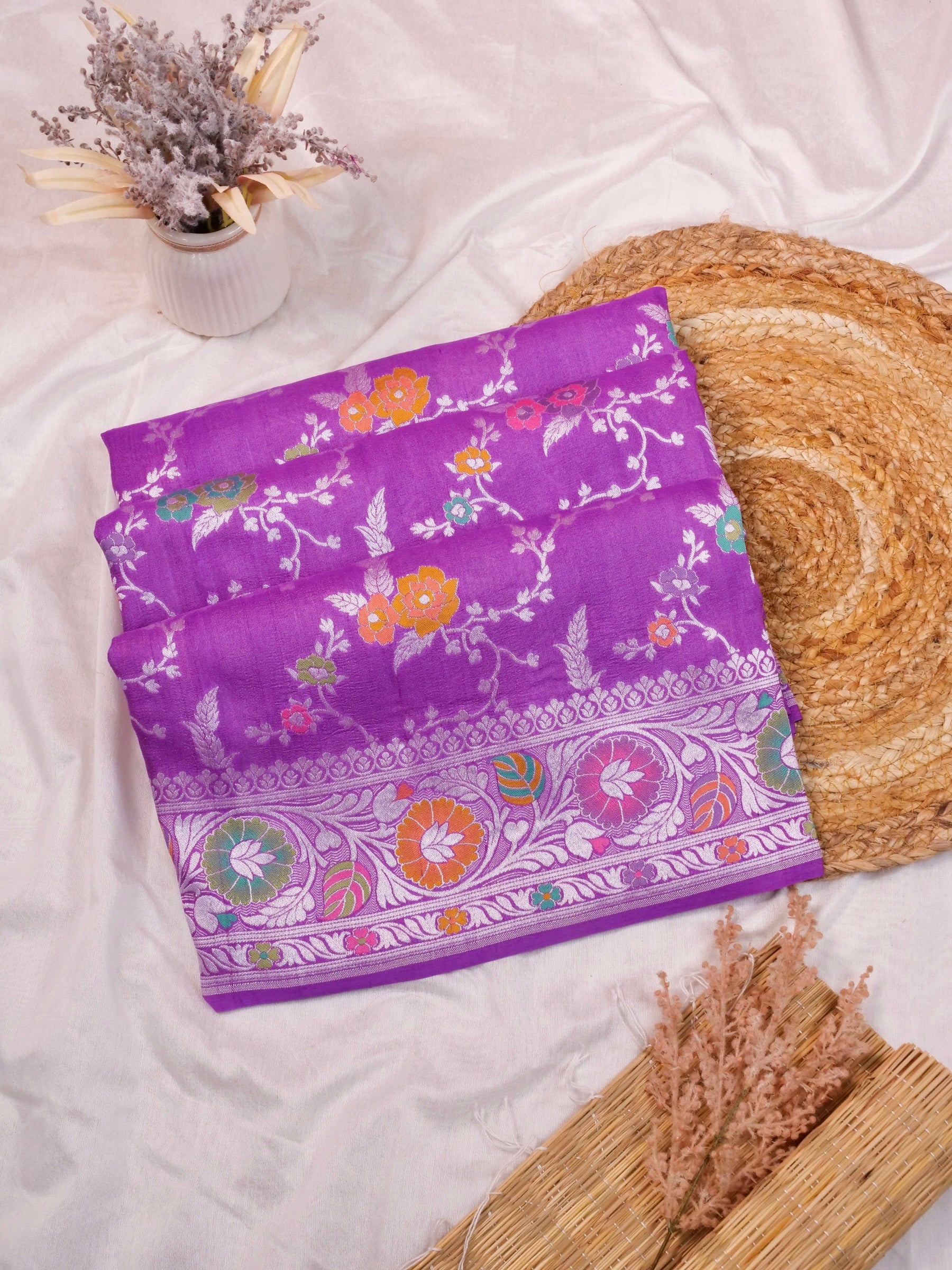 Handwoven Purple Banarasi Tussar Silk Saree