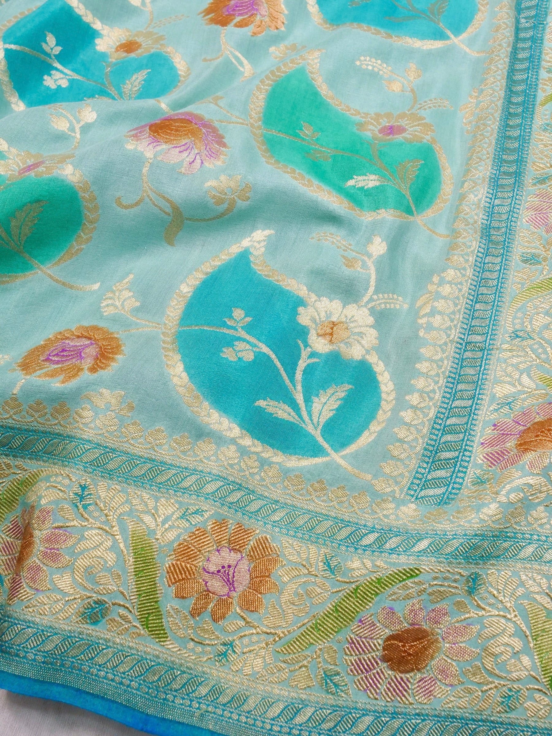 Handwoven Turquoise Blue Banarasi Monga Silk Saree