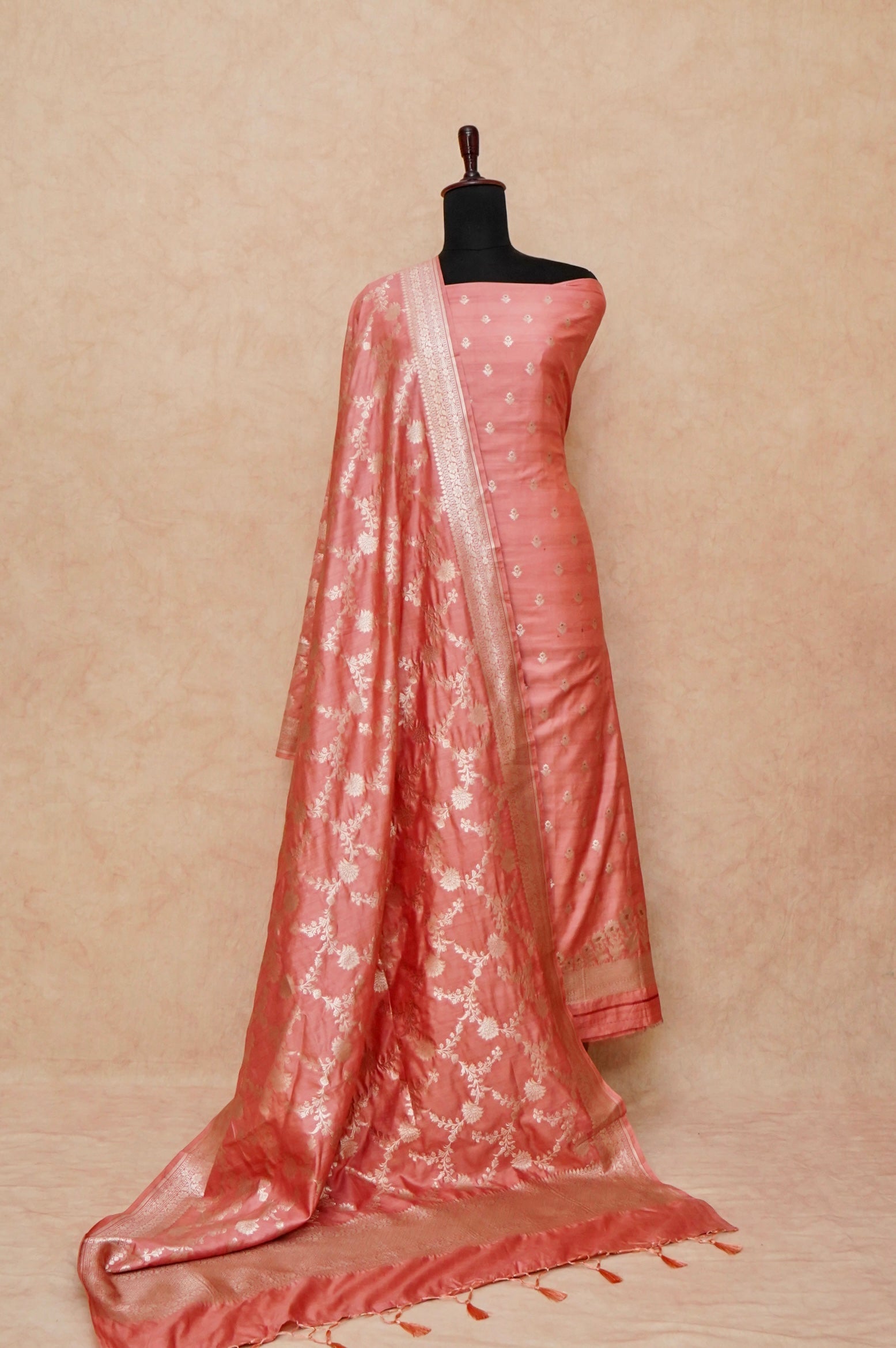 Handwoven Carrot Pink Banarasi Chiniya Silk Suit