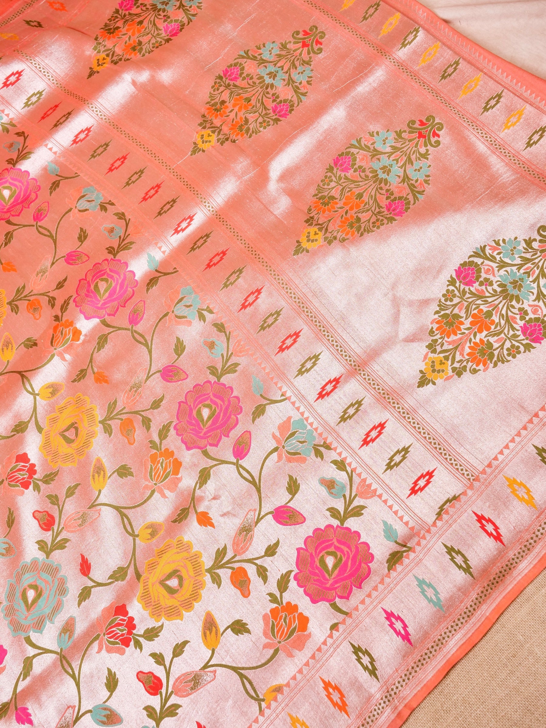 Handwoven Carrot Pink Banarasi Tussar Silk Saree