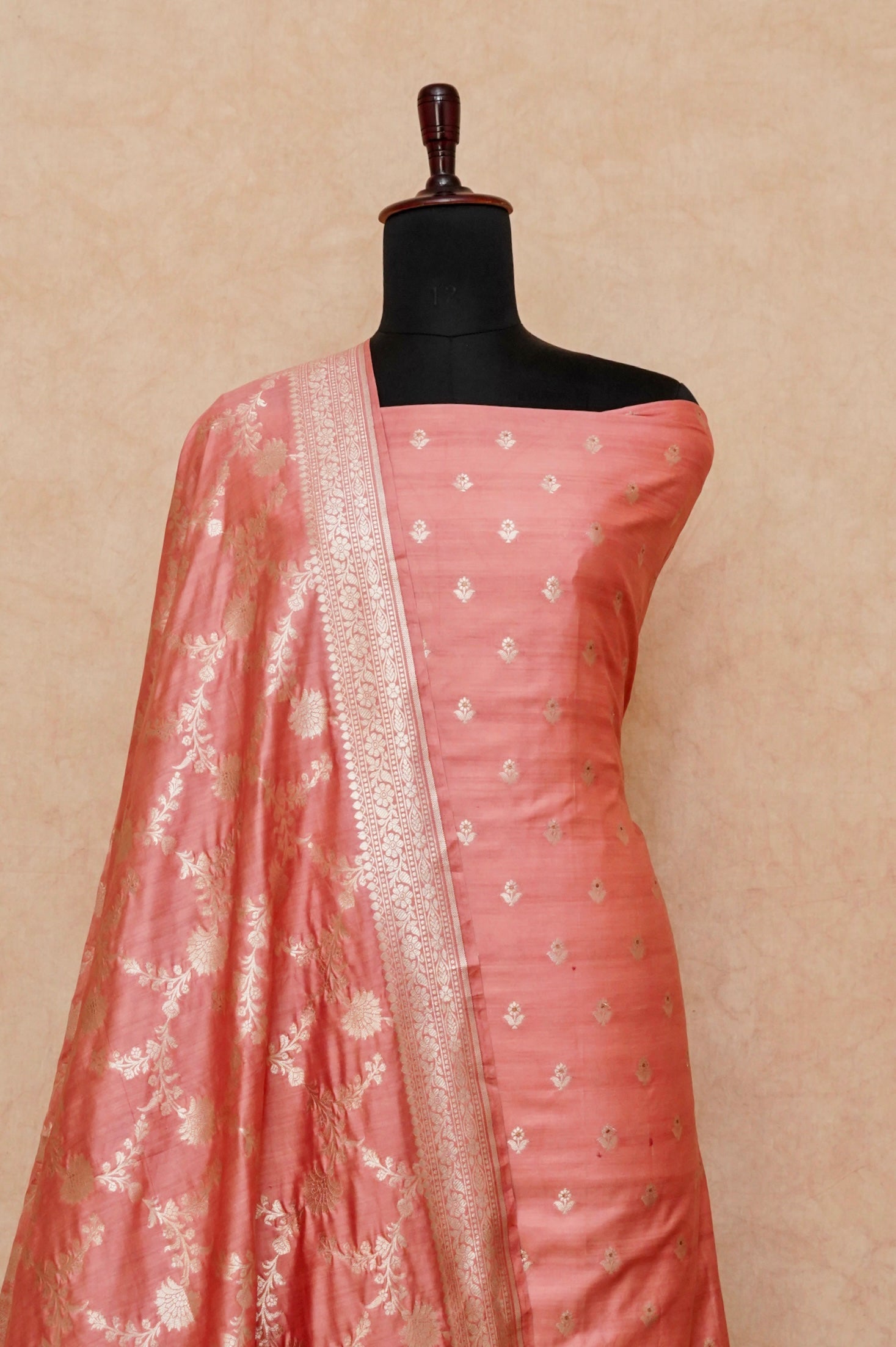 Handwoven Carrot Pink Banarasi Chiniya Silk Suit