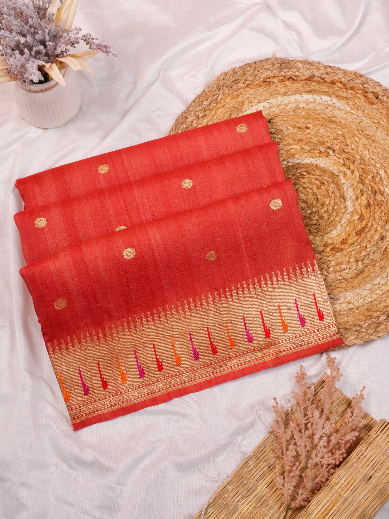 Handwoven Red Banarasi Tussar Silk Saree