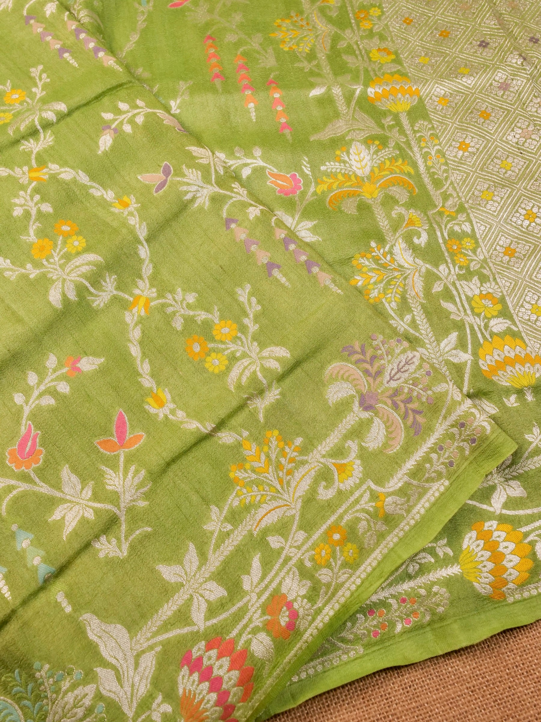 Handwoven Green Banarasi Desi Tussar Silk Saree