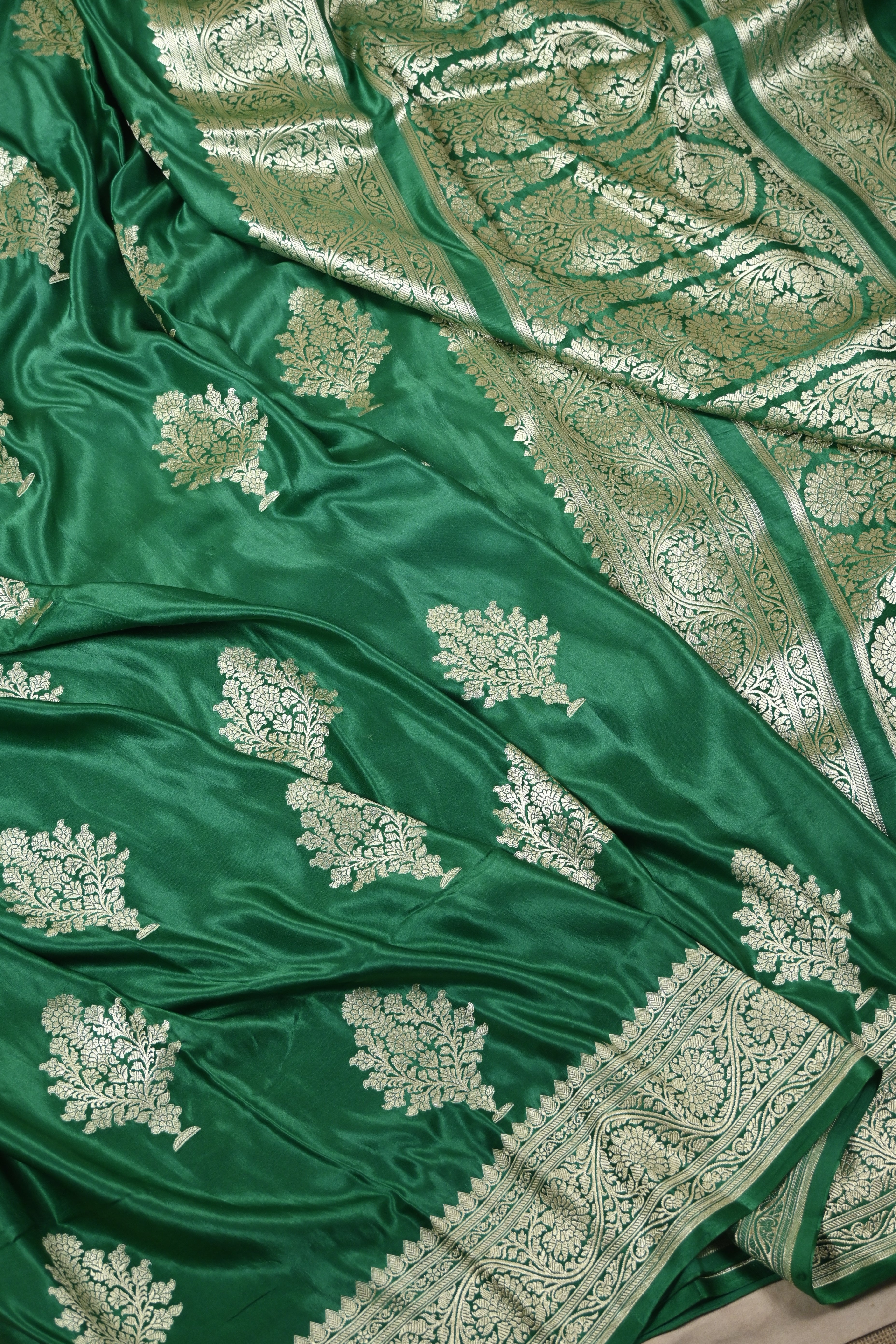 Bottle Green Pure Banarasi Satin Mashru Silk Saree